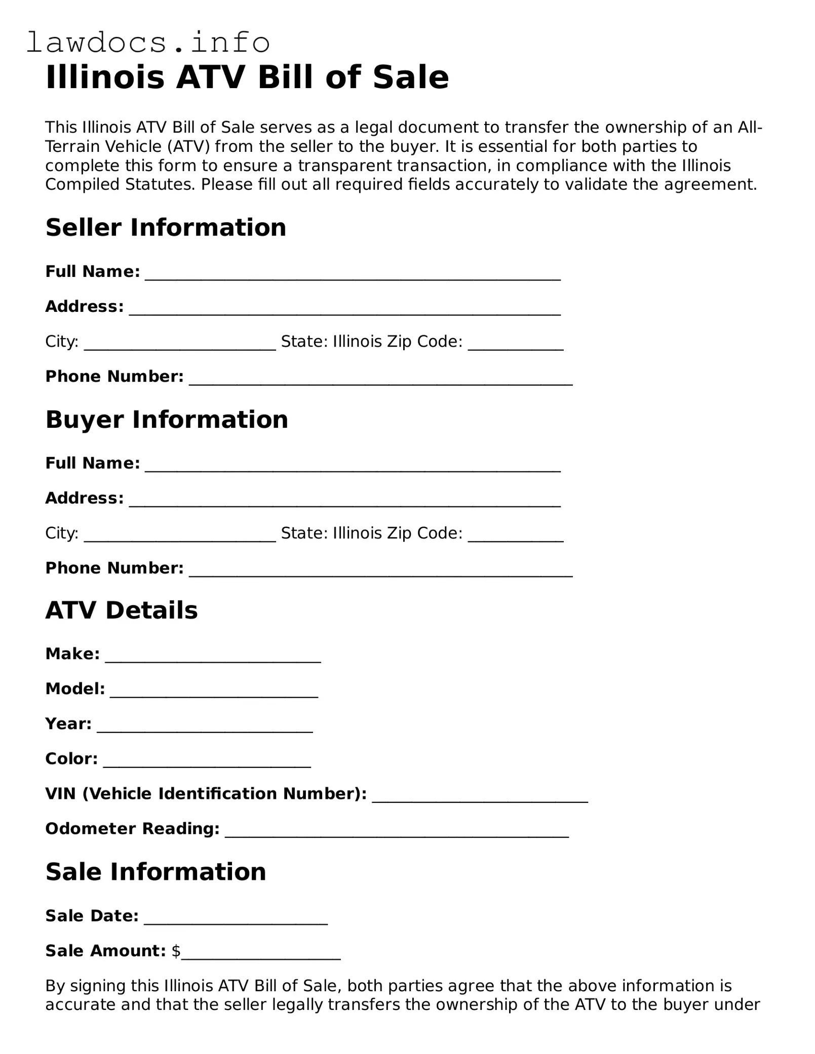 Blank ATV Bill of Sale Template for the State of Illinois
