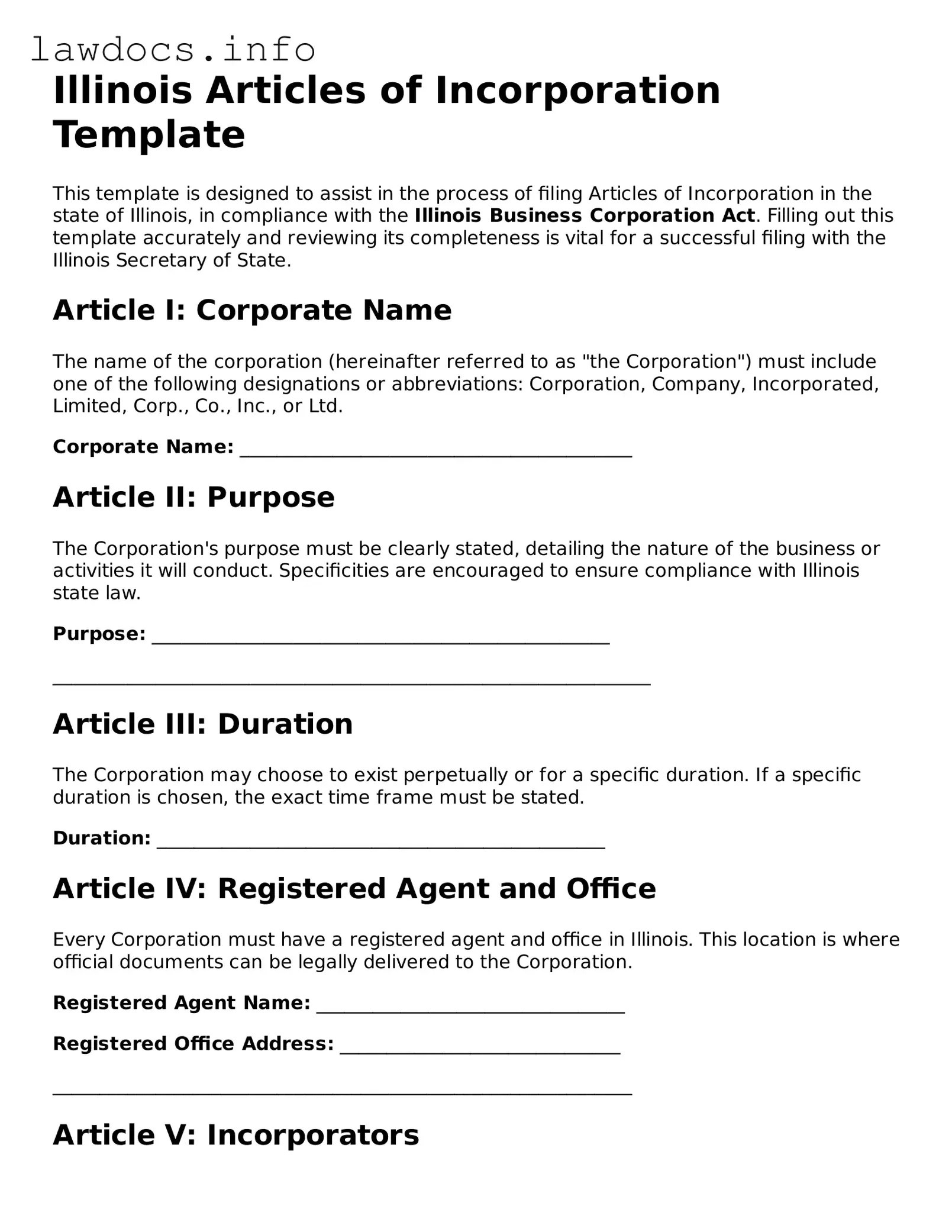 Blank Articles of Incorporation Template for the State of Illinois
