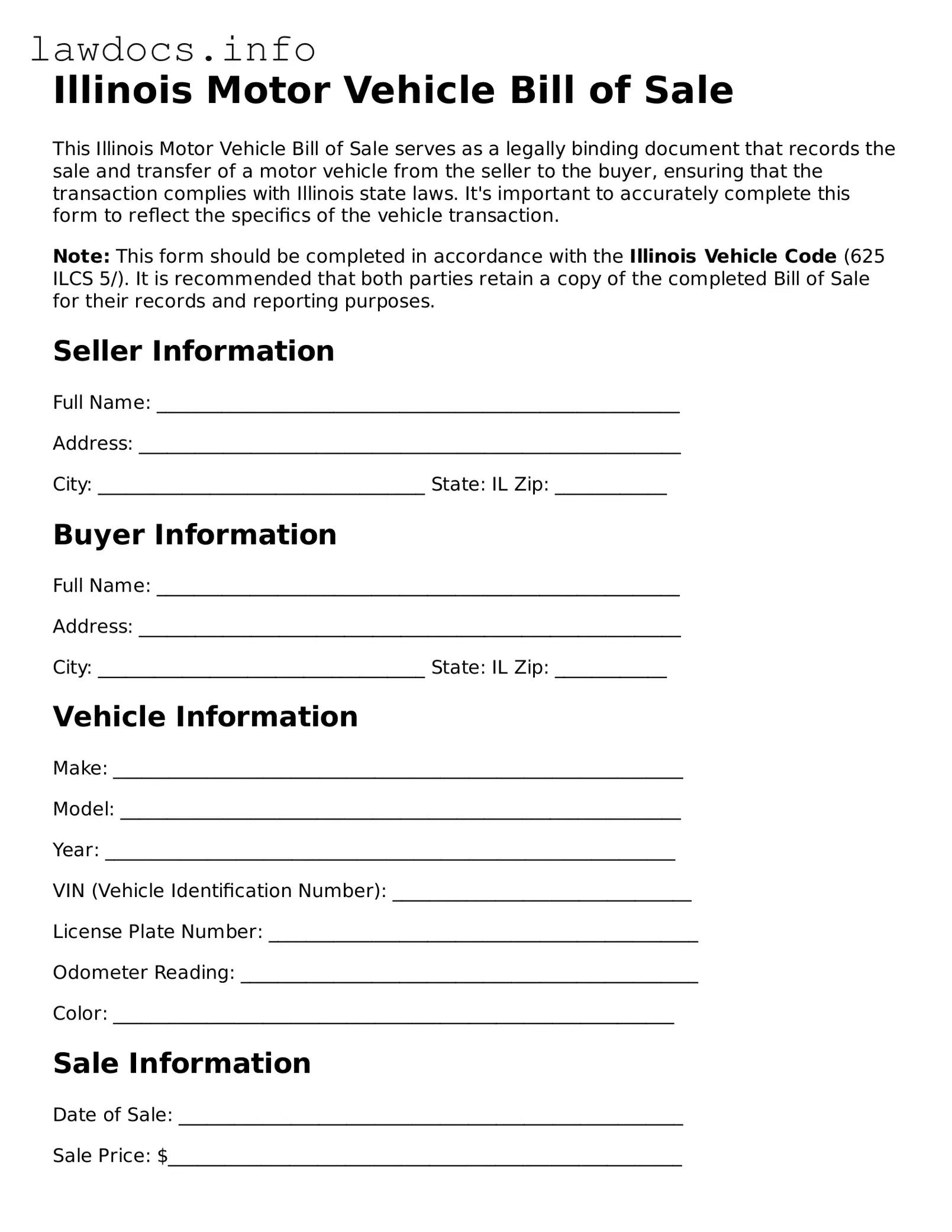 Blank Motor Vehicle Bill of Sale Template for the State of Illinois