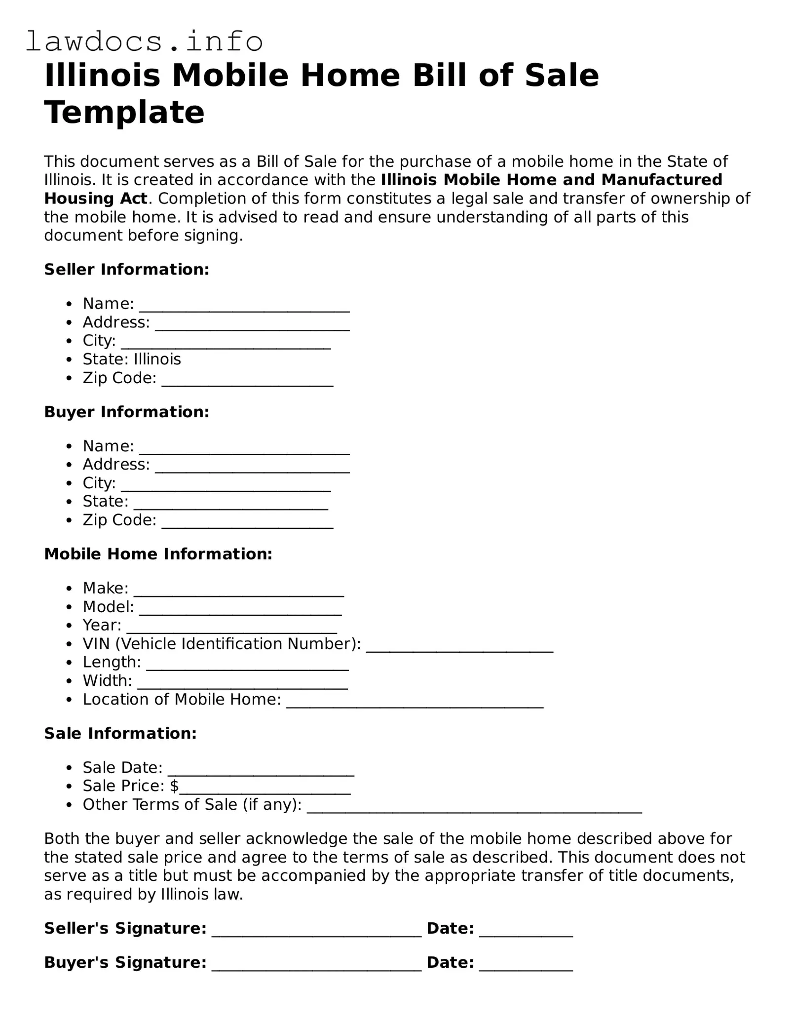 Blank Mobile Home Bill of Sale Template for the State of Illinois