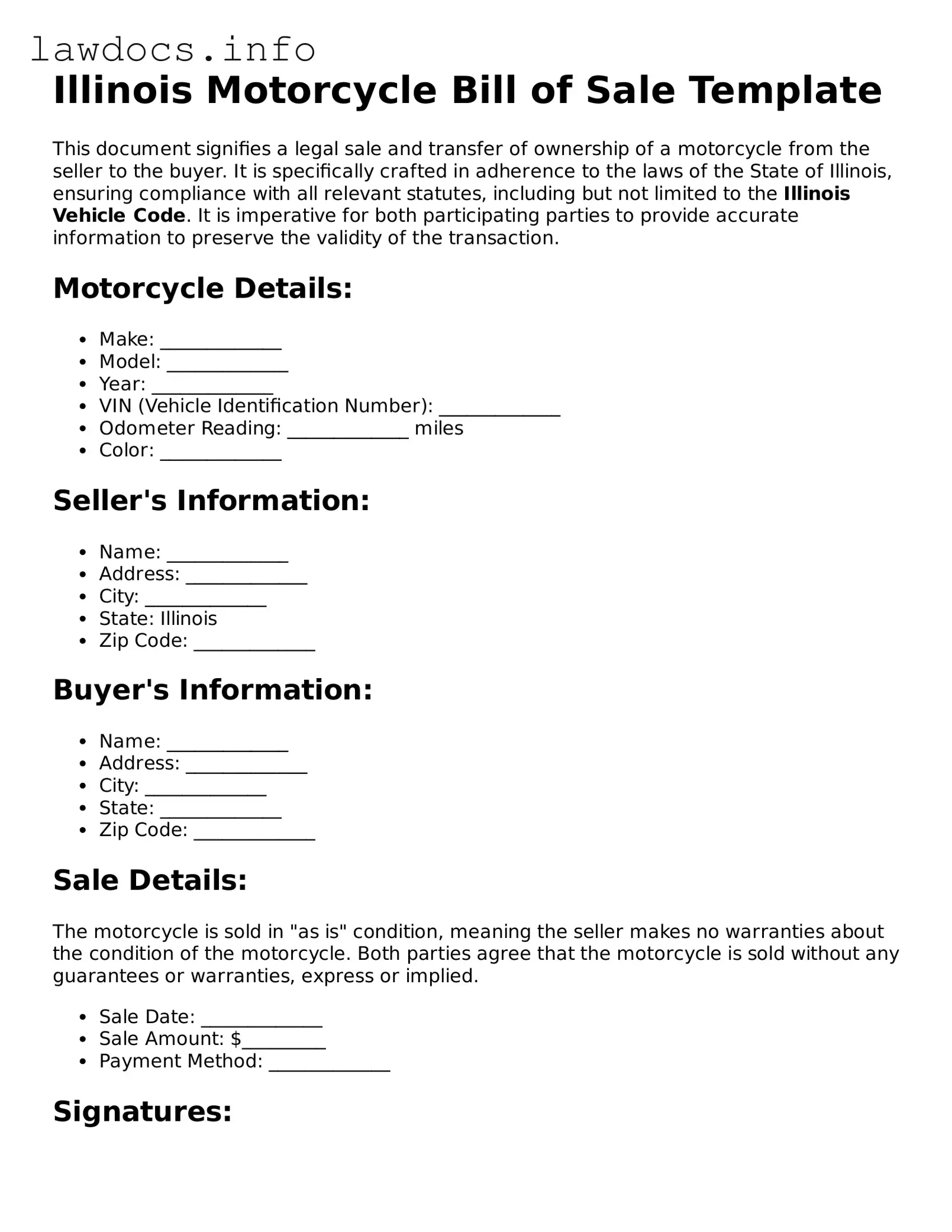 Blank Motorcycle Bill of Sale Template for the State of Illinois