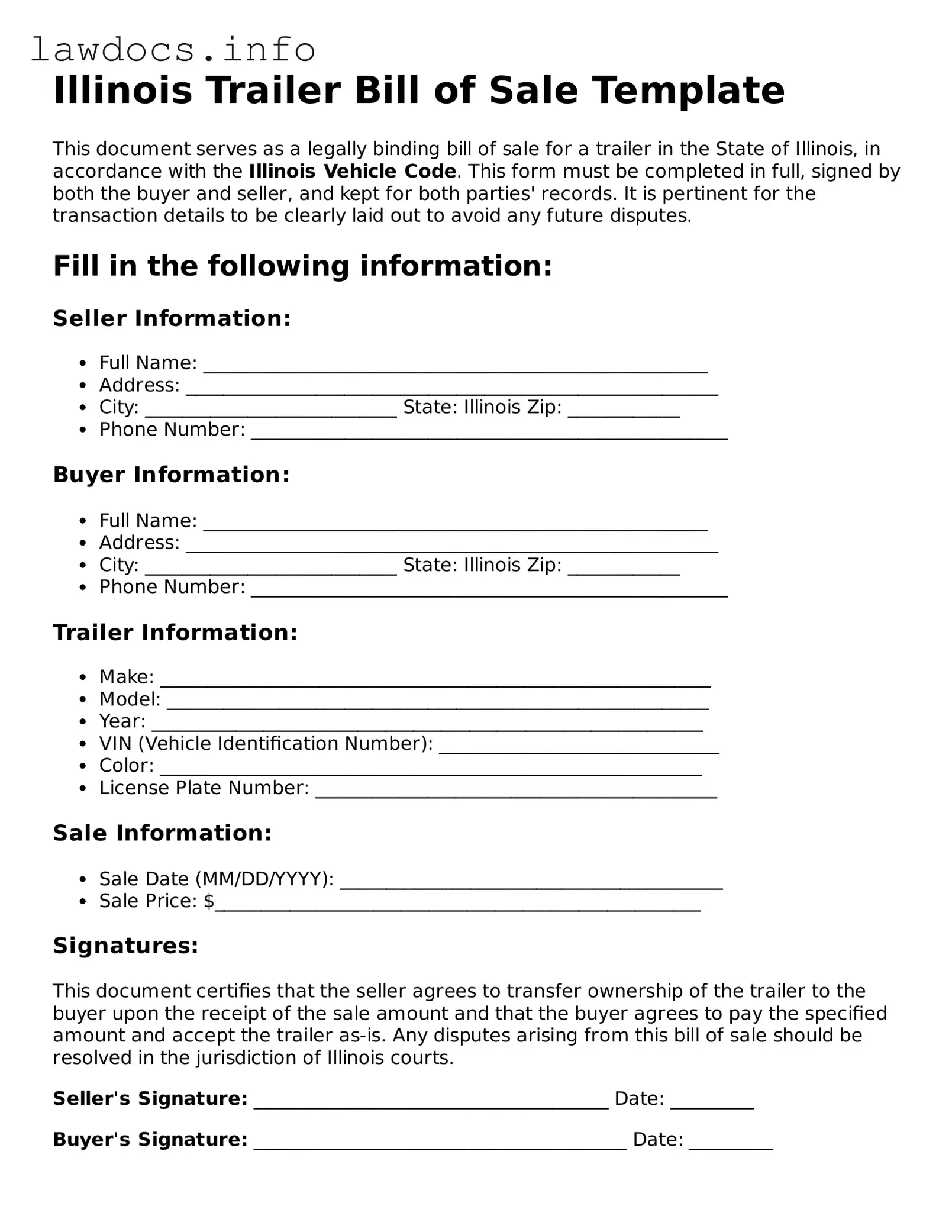 Blank Trailer Bill of Sale Template for the State of Illinois