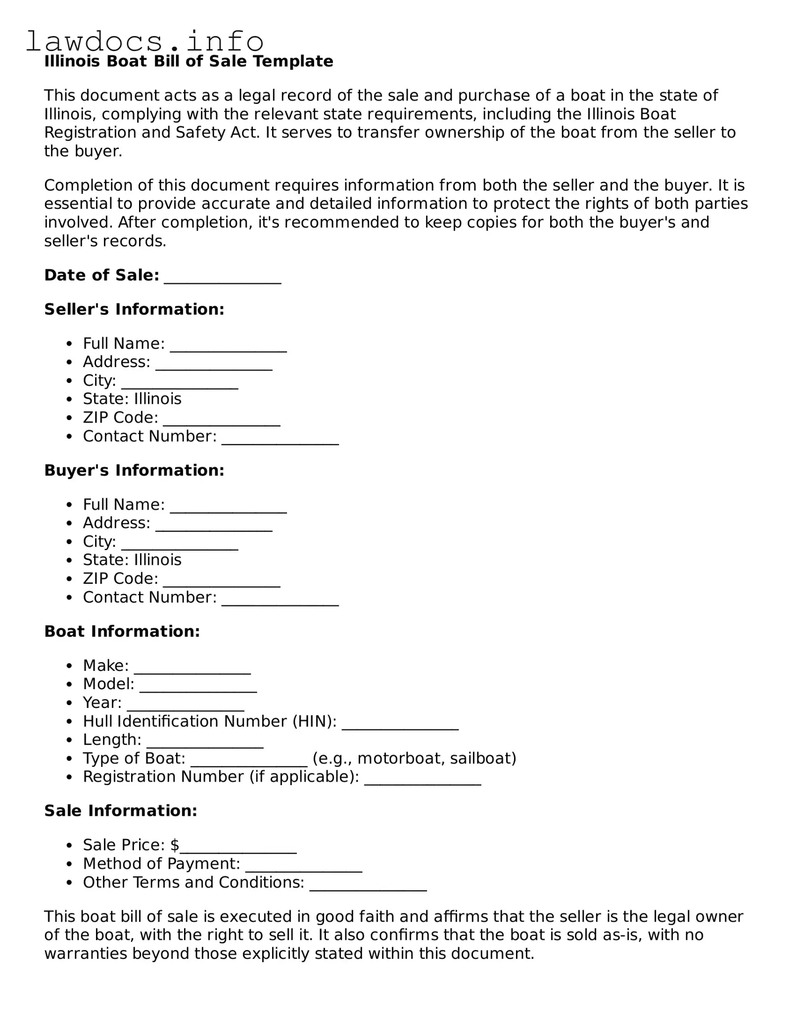Blank Boat Bill of Sale Template for the State of Illinois