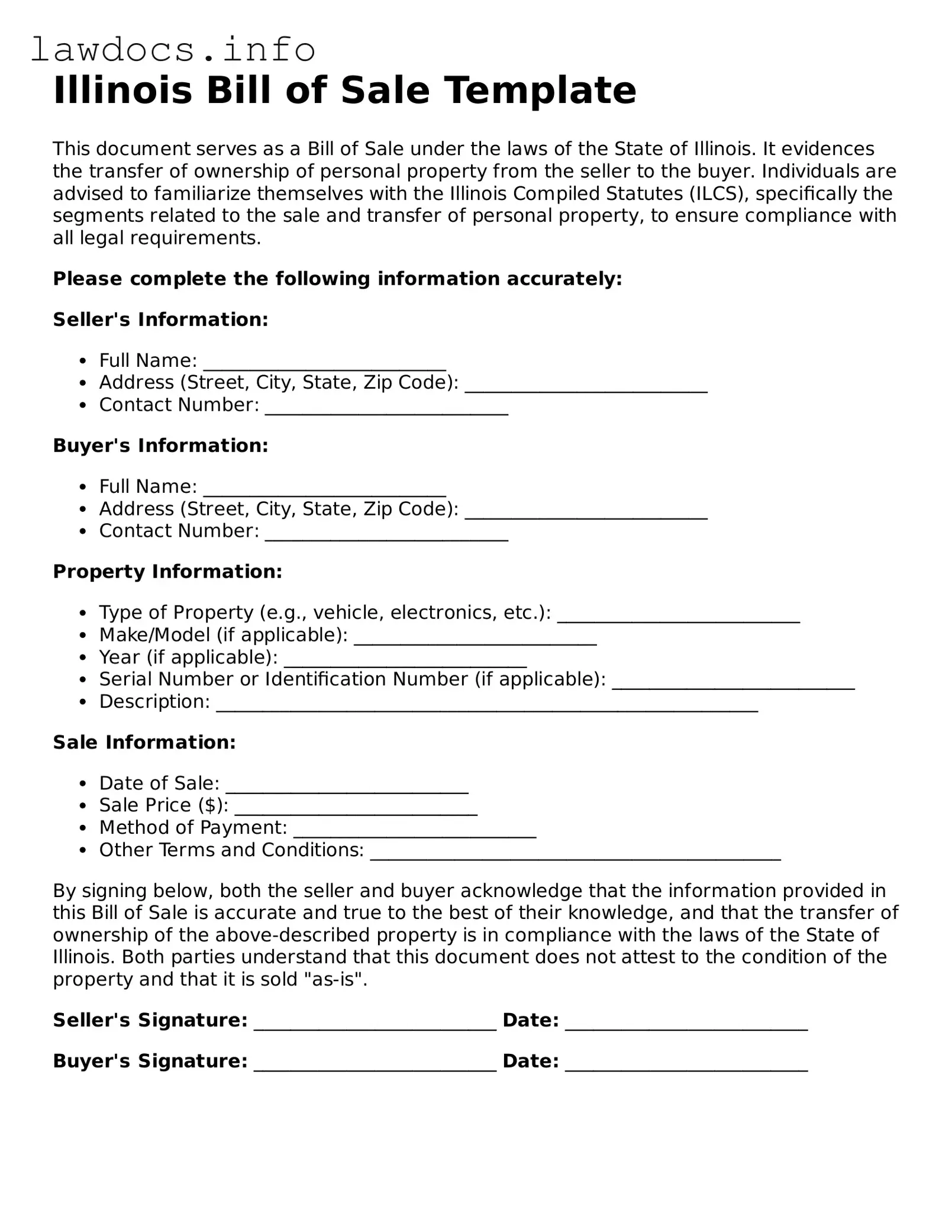 Blank Bill of Sale Template for the State of Illinois