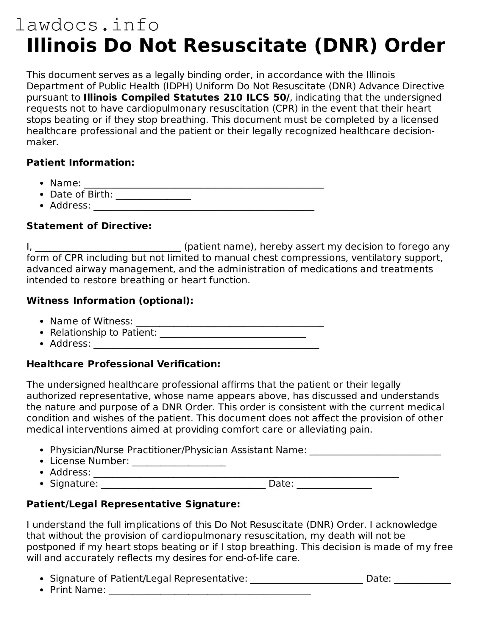 Blank Do Not Resuscitate Order Template for the State of Illinois