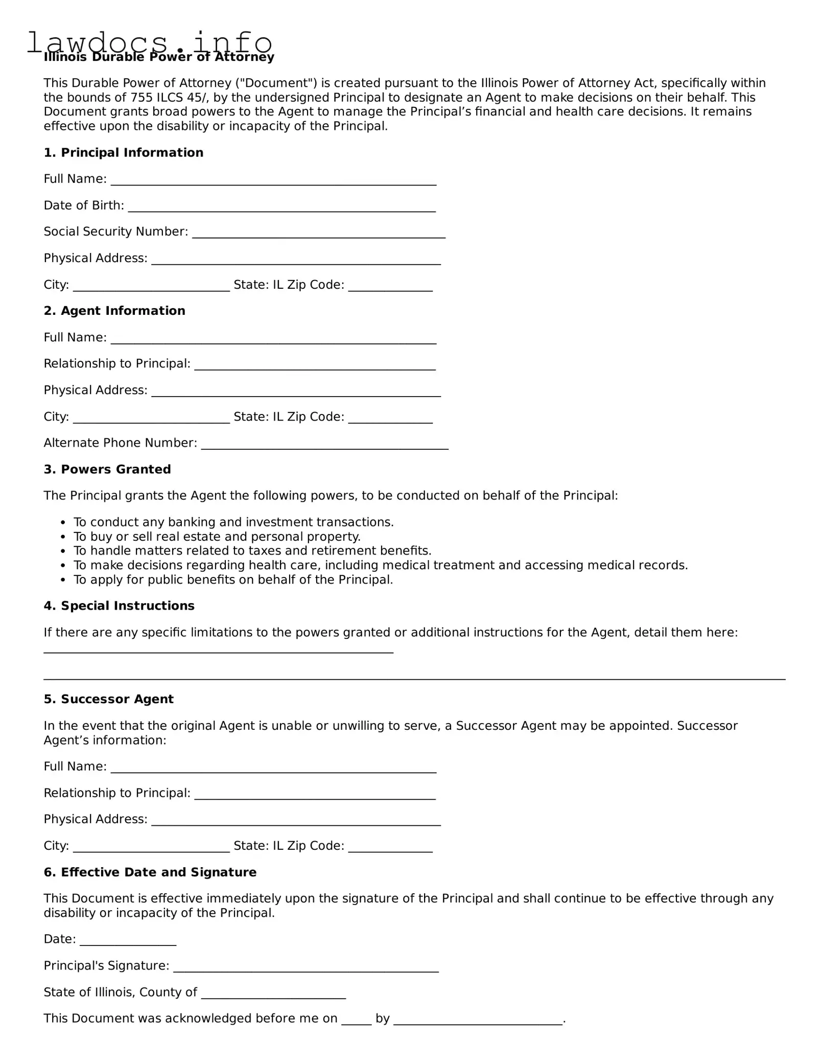 Blank Durable Power of Attorney Template for the State of Illinois