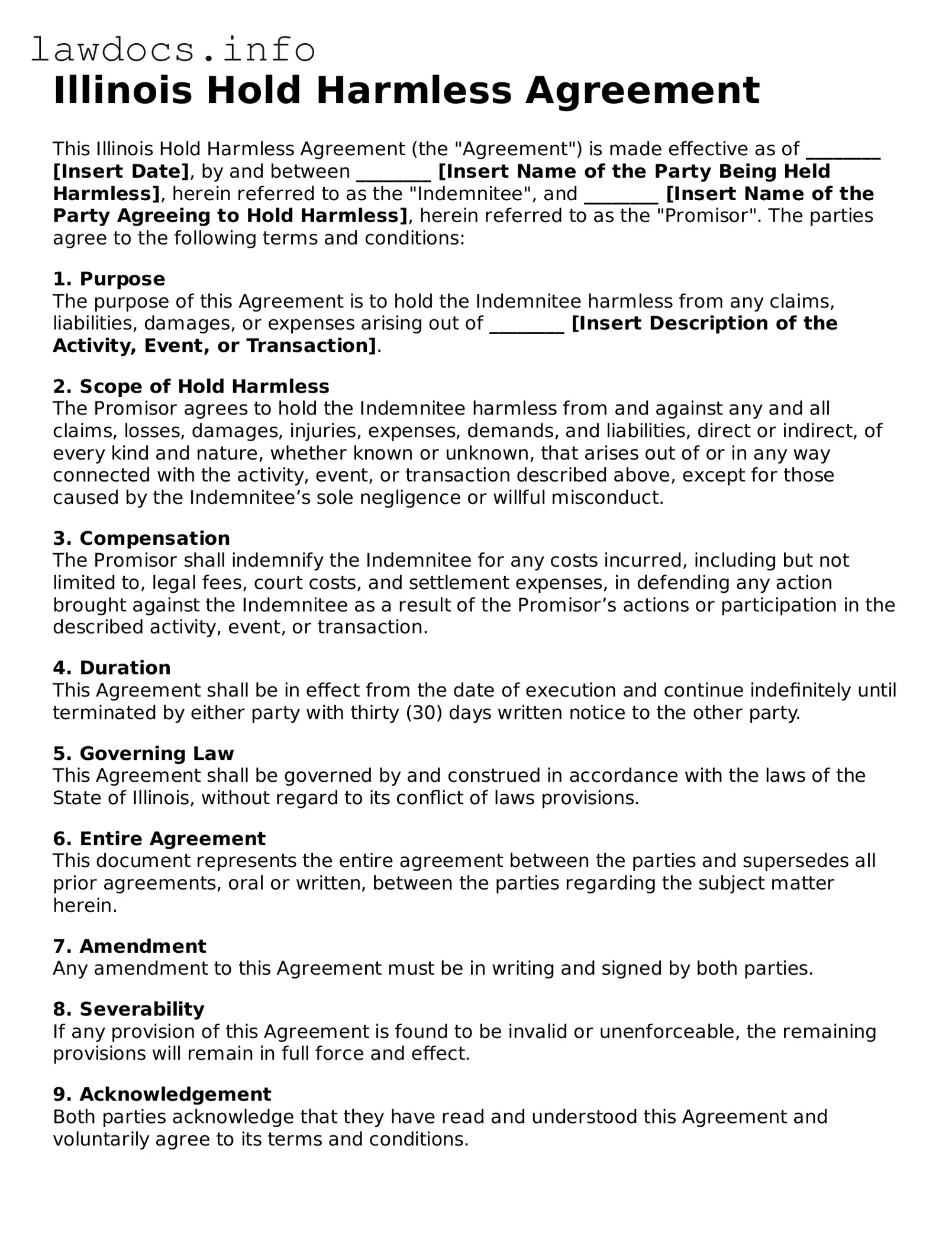 Blank Hold Harmless Agreement Template for the State of Illinois