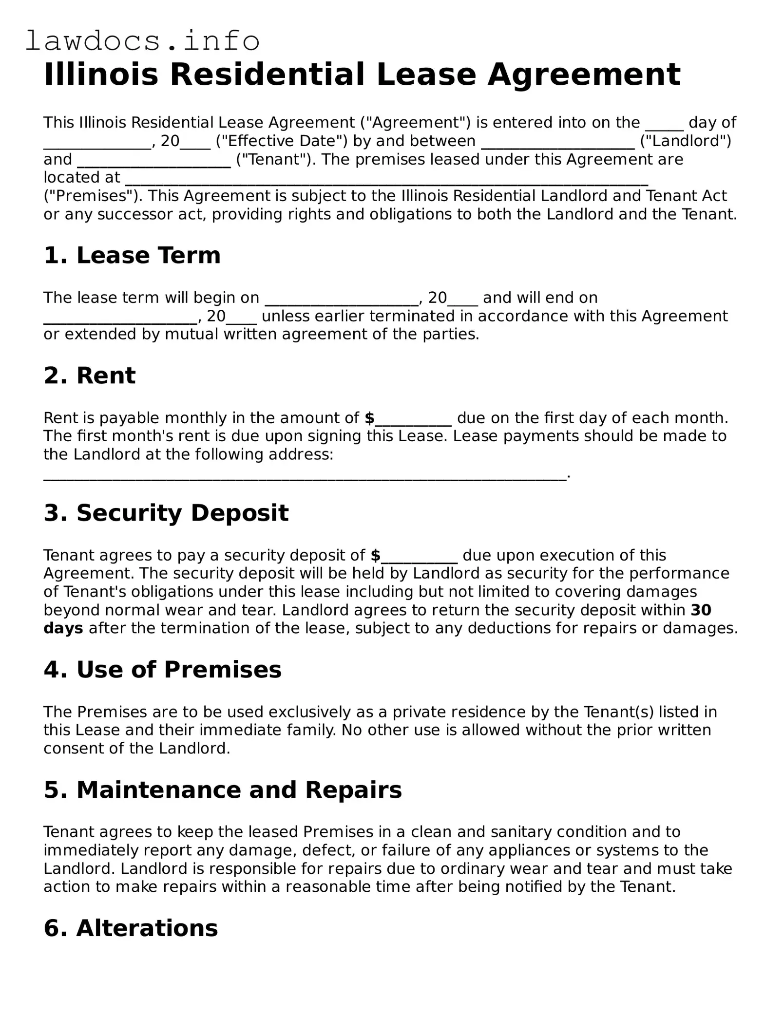 Blank Residential Lease Agreement Template for the State of Illinois