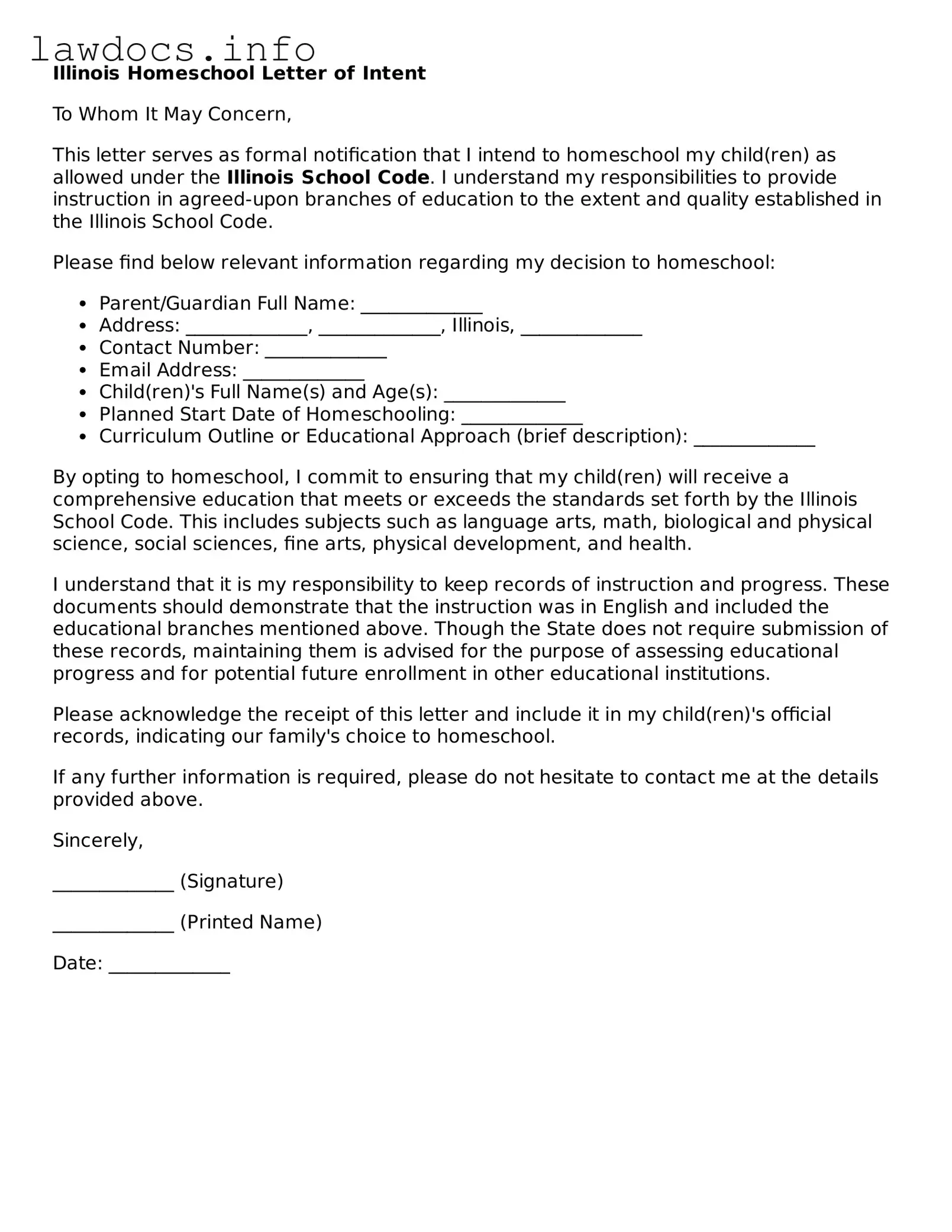 Blank Homeschool Letter of Intent Template for the State of Illinois