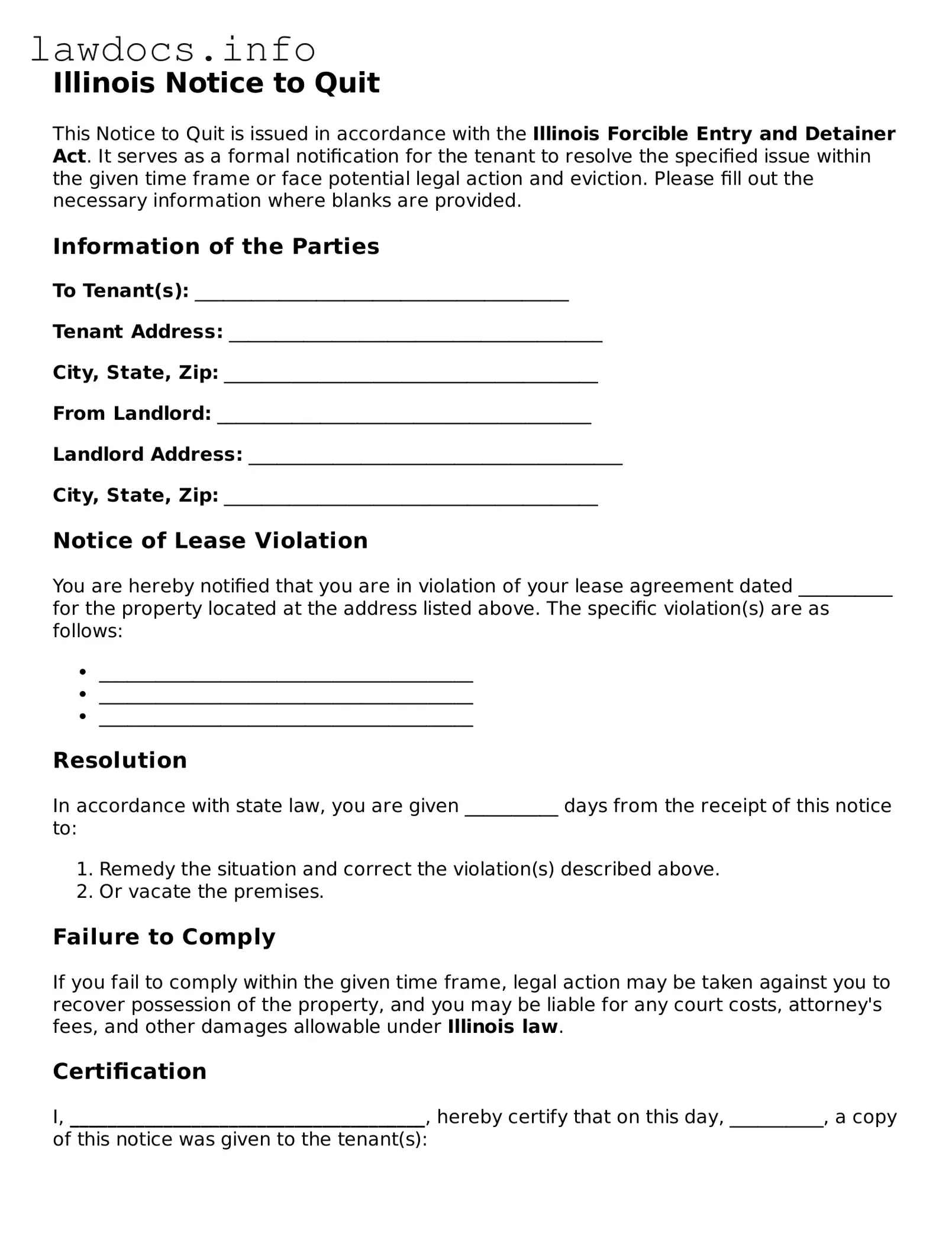 Blank Notice to Quit Template for the State of Illinois