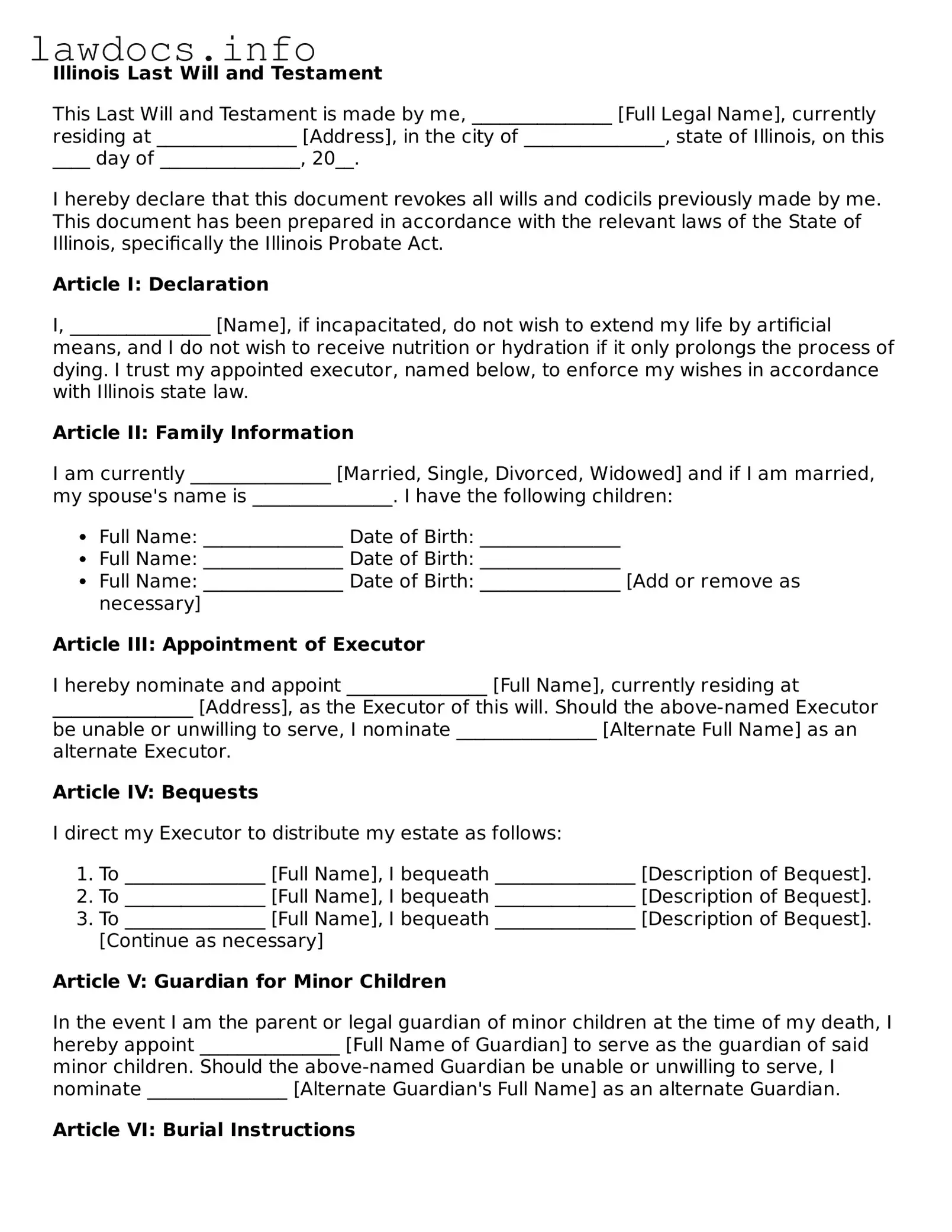 Blank Last Will and Testament Template for the State of Illinois