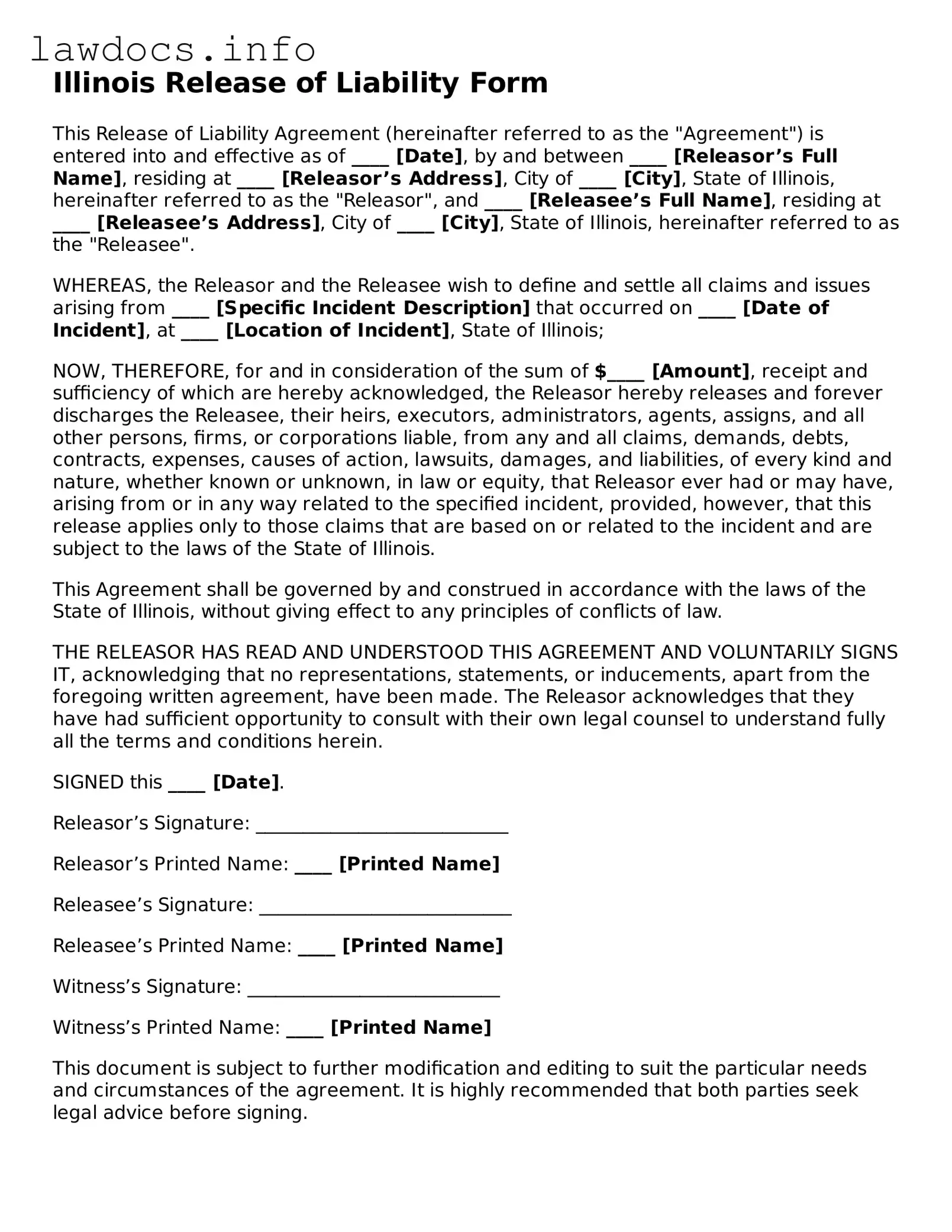 Blank Release of Liability Template for the State of Illinois