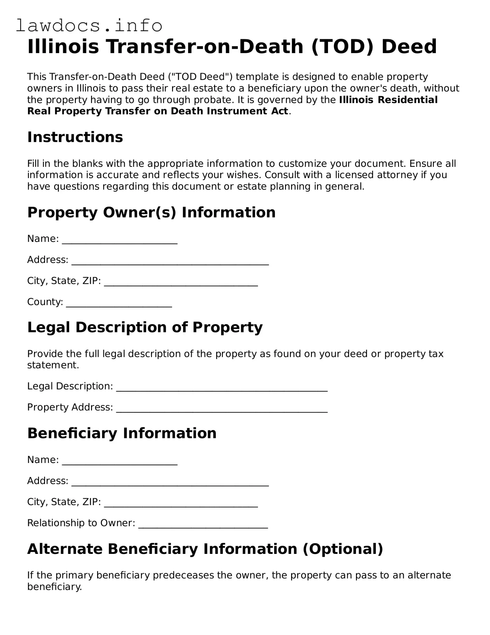 Blank Transfer-on-Death Deed Template for the State of Illinois