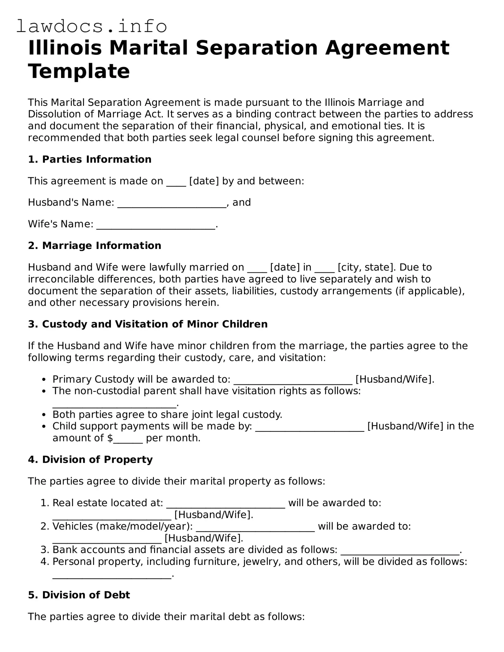 Blank Marital Separation Agreement Template for the State of Illinois