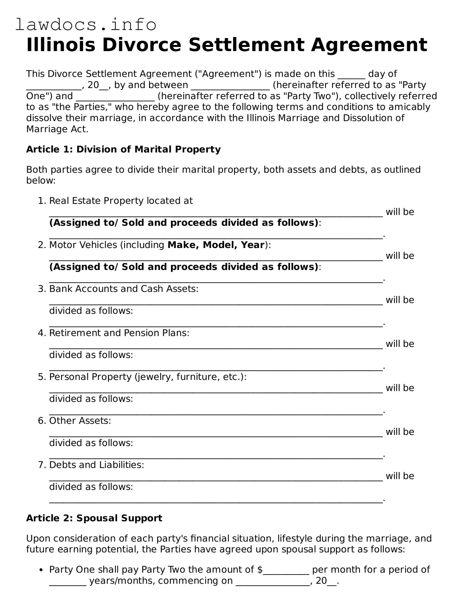 Blank Divorce Settlement Agreement Template for the State of Illinois
