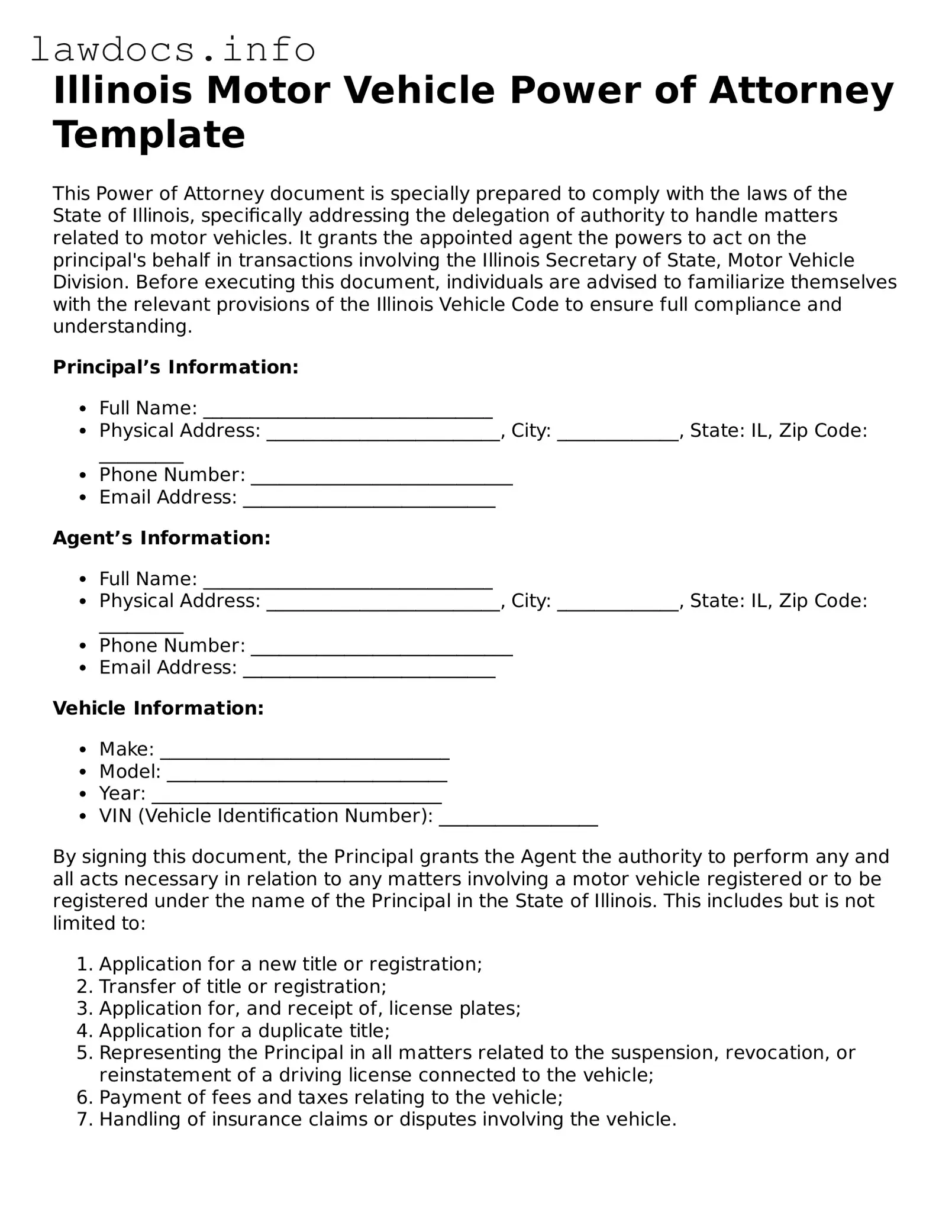 Blank Motor Vehicle Power of Attorney Template for the State of Illinois