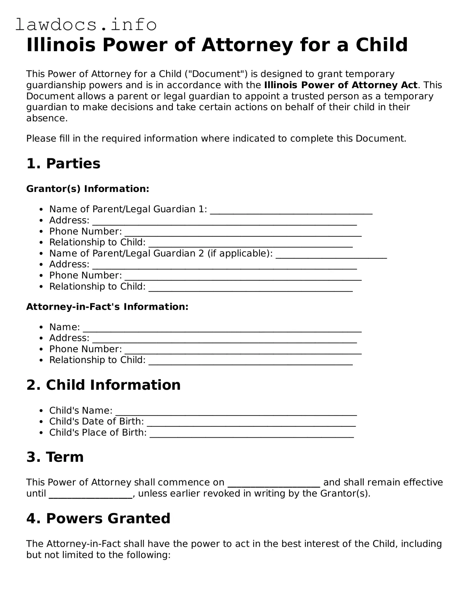 Blank Power of Attorney for a Child Template for the State of Illinois