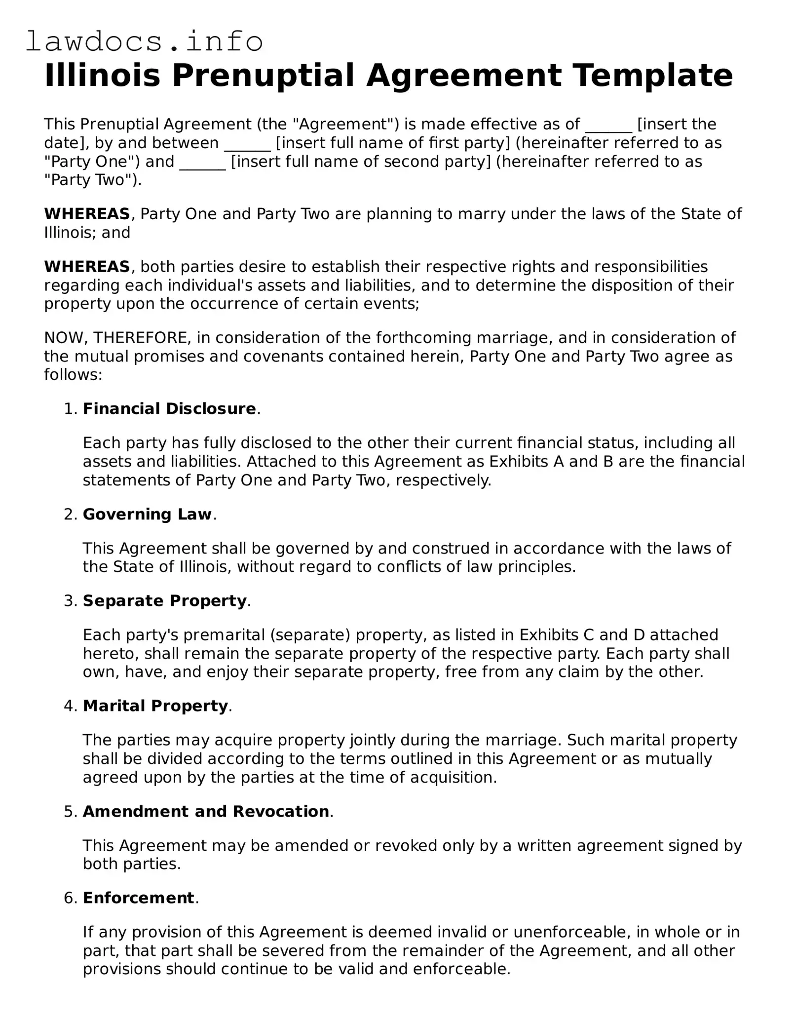 Blank Prenuptial Agreement Template for the State of Illinois