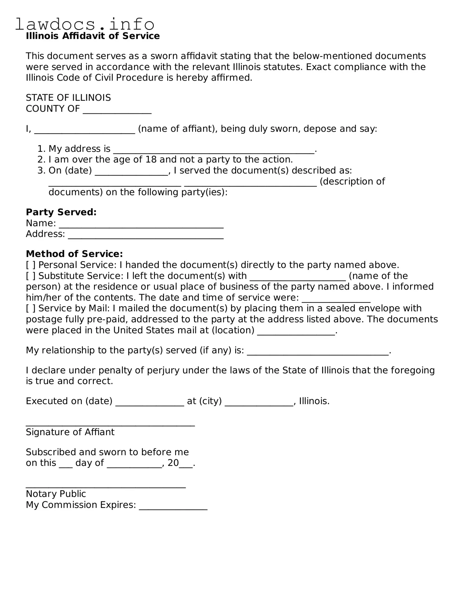 Blank Affidavit of Service Template for the State of Illinois