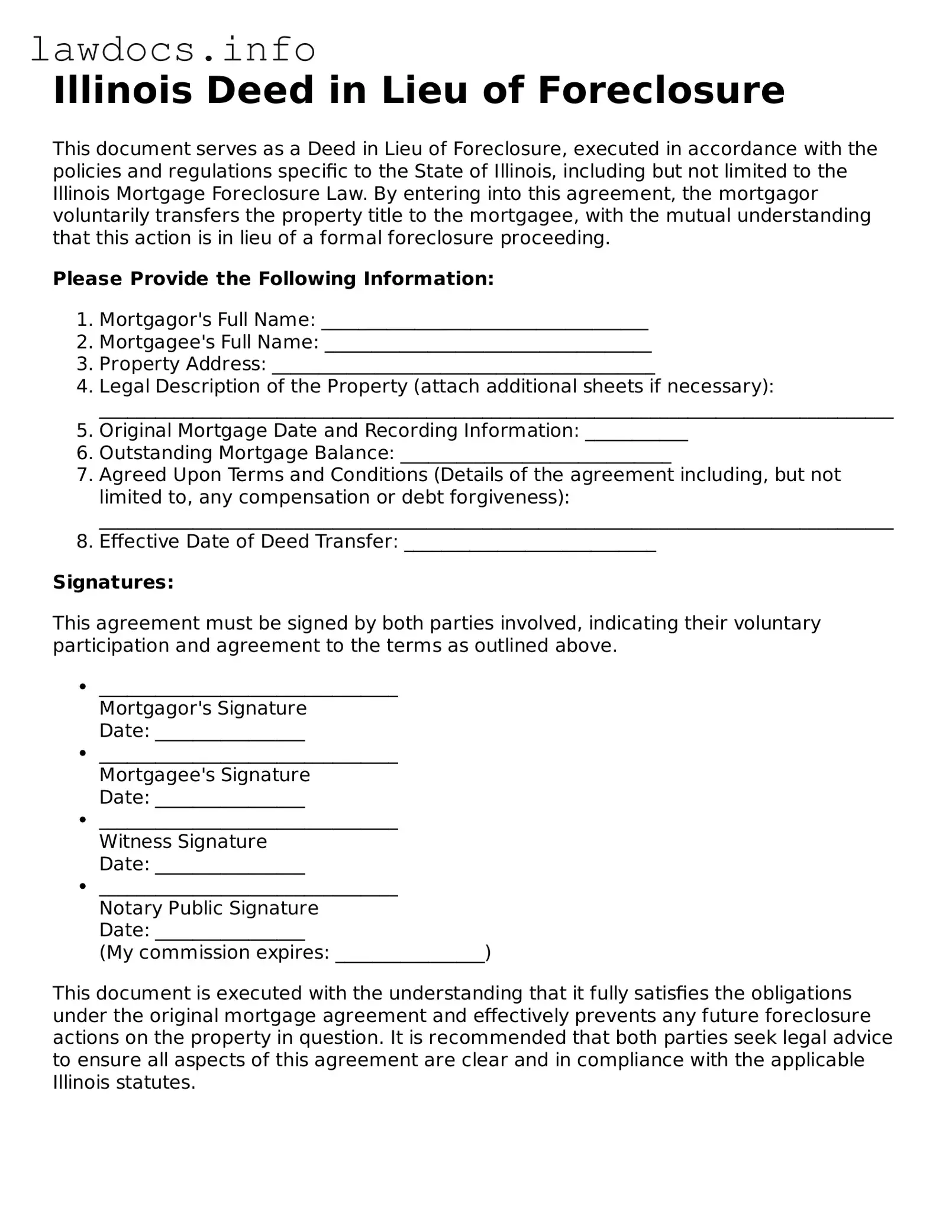 Blank Deed in Lieu of Foreclosure Template for the State of Illinois