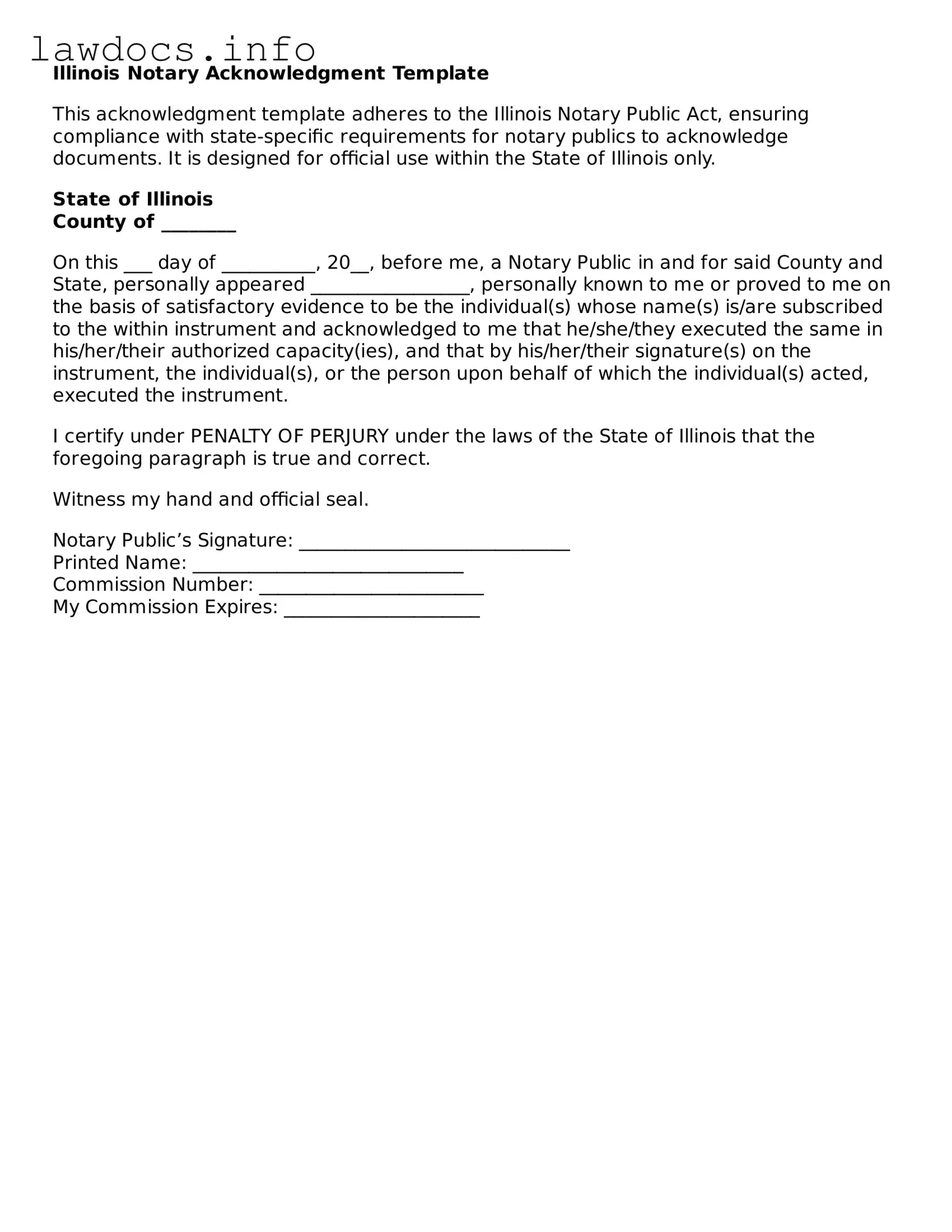 Blank Notary Acknowledgement Template for the State of Illinois