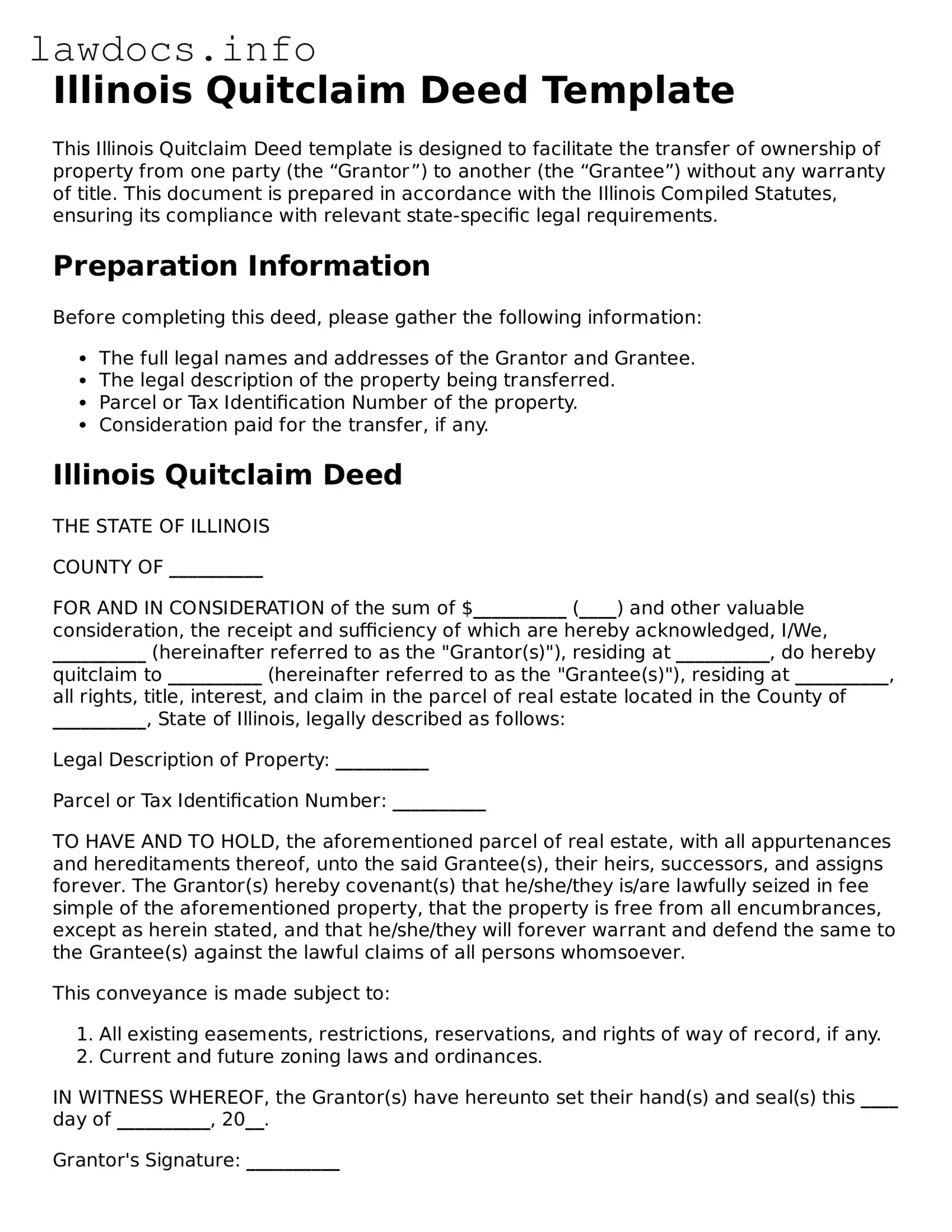 Blank Quitclaim Deed Template for the State of Illinois