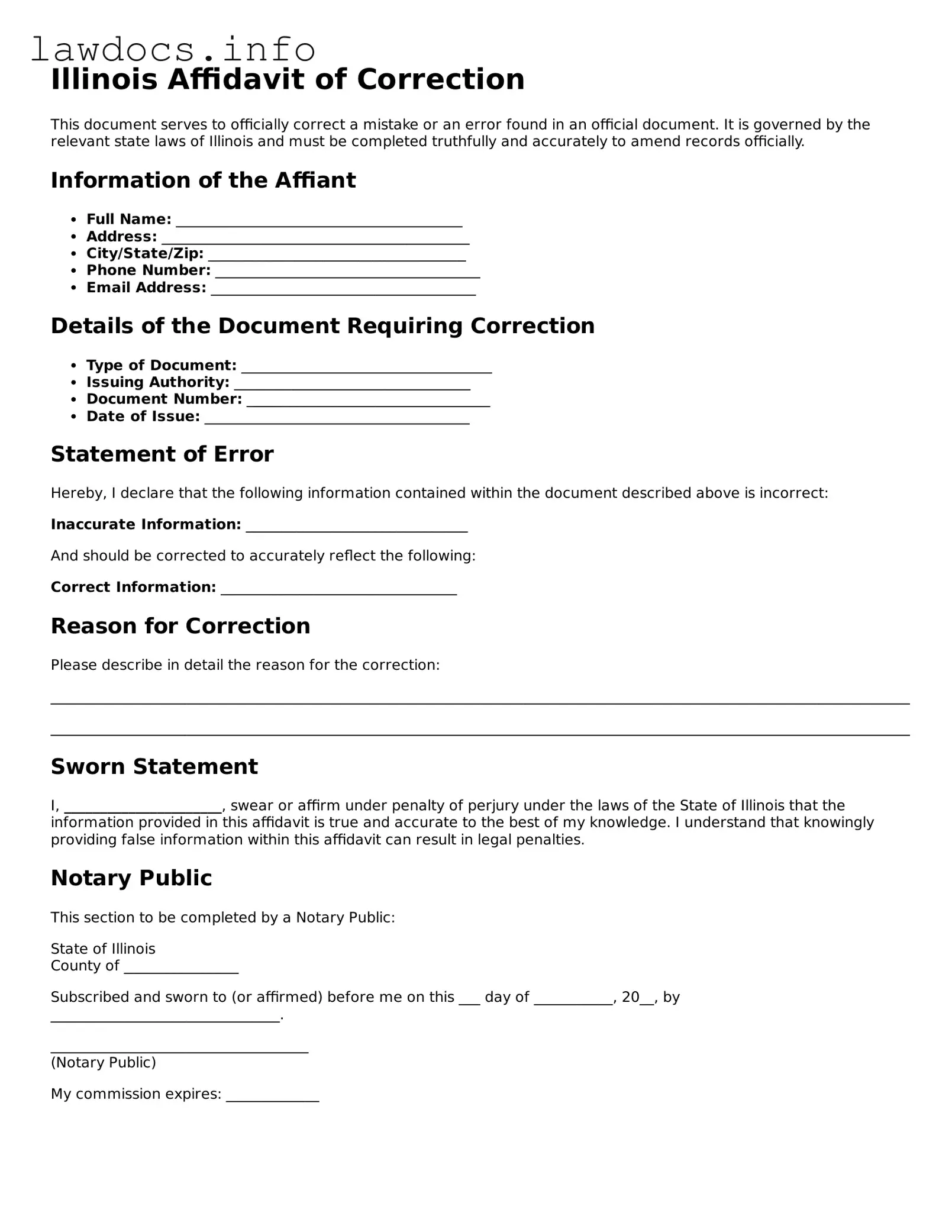 Blank Affidavit of Correction Template for the State of Illinois