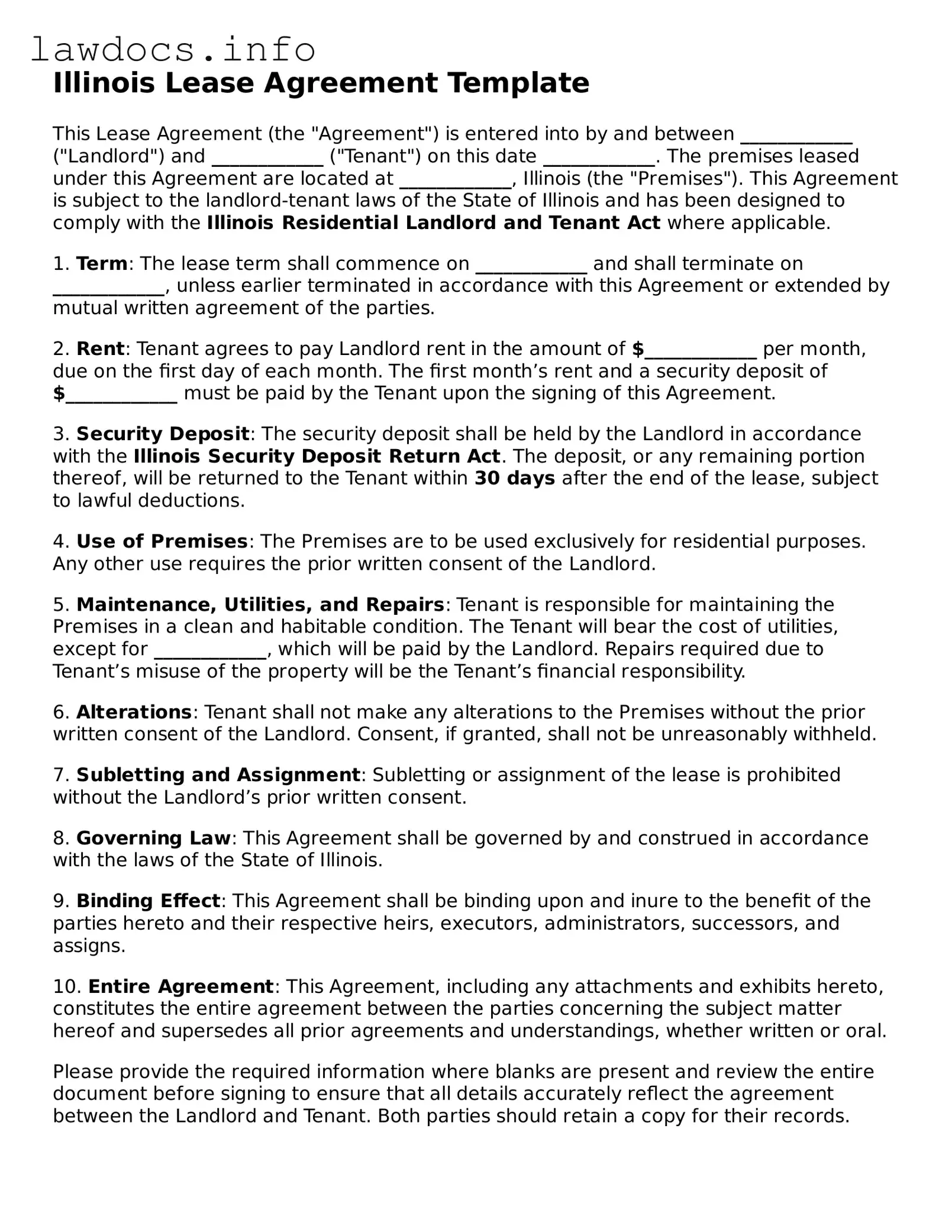 Blank Lease Agreement Template for the State of Illinois