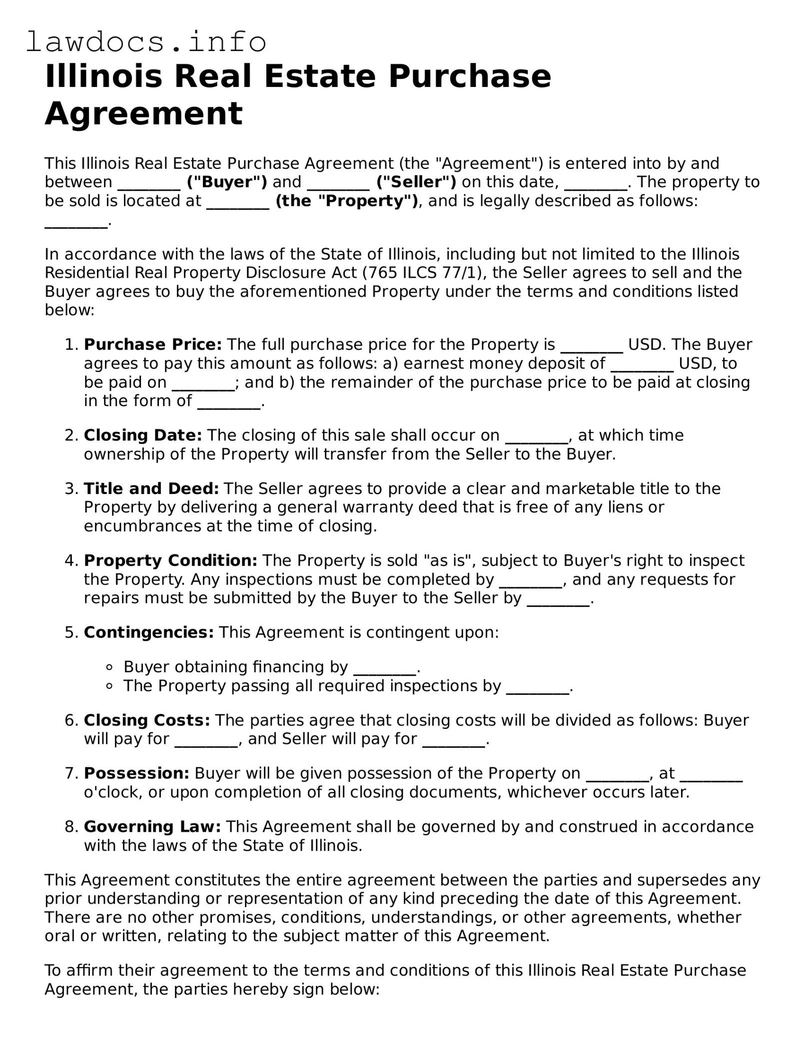 Blank Real Estate Purchase Agreement Template for the State of Illinois