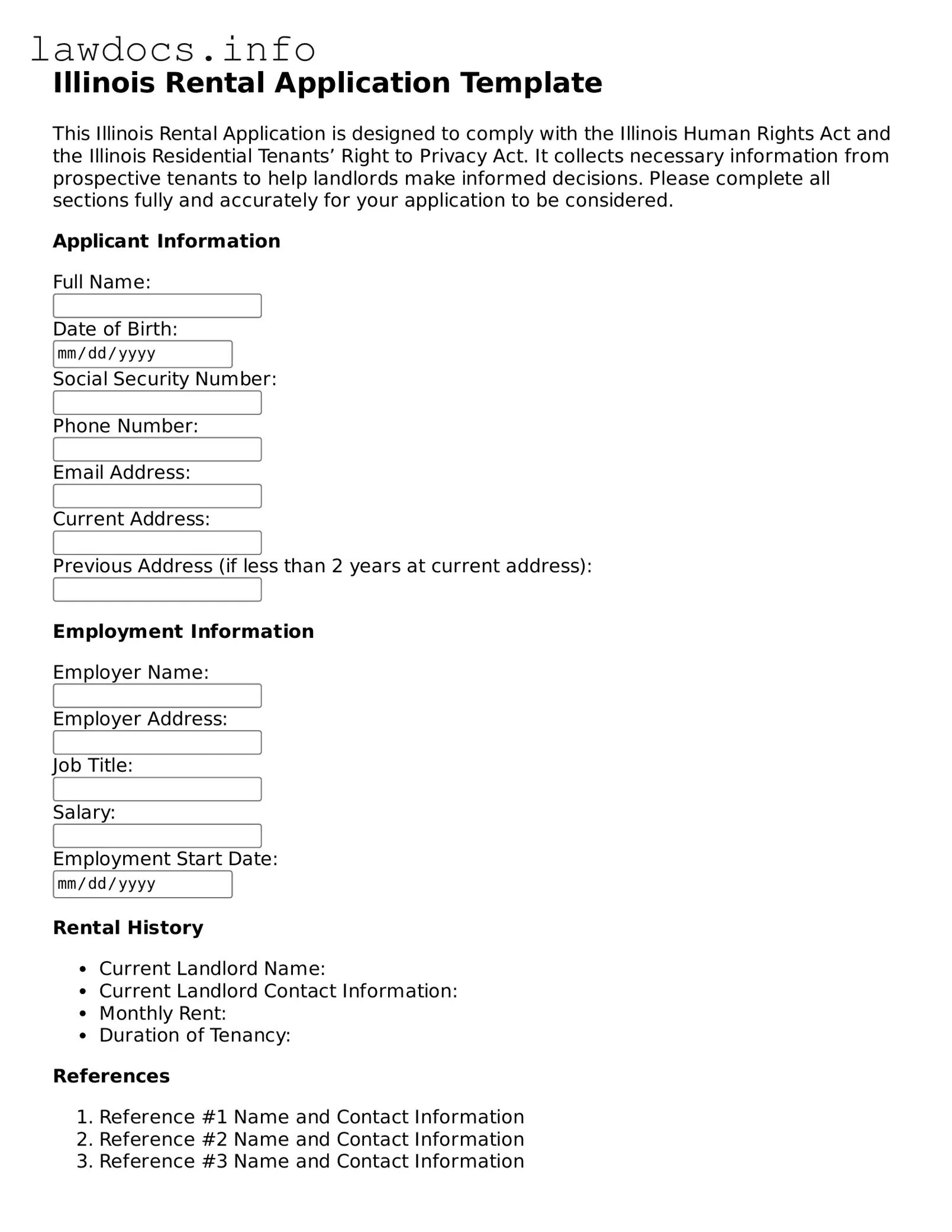 Blank Rental Application Template for the State of Illinois