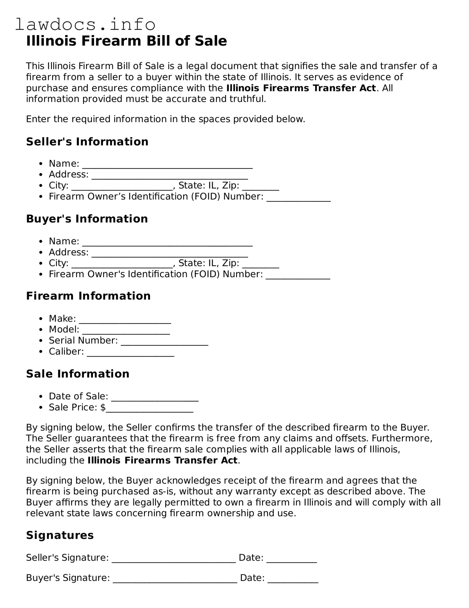 Blank Firearm Bill of Sale Template for the State of Illinois