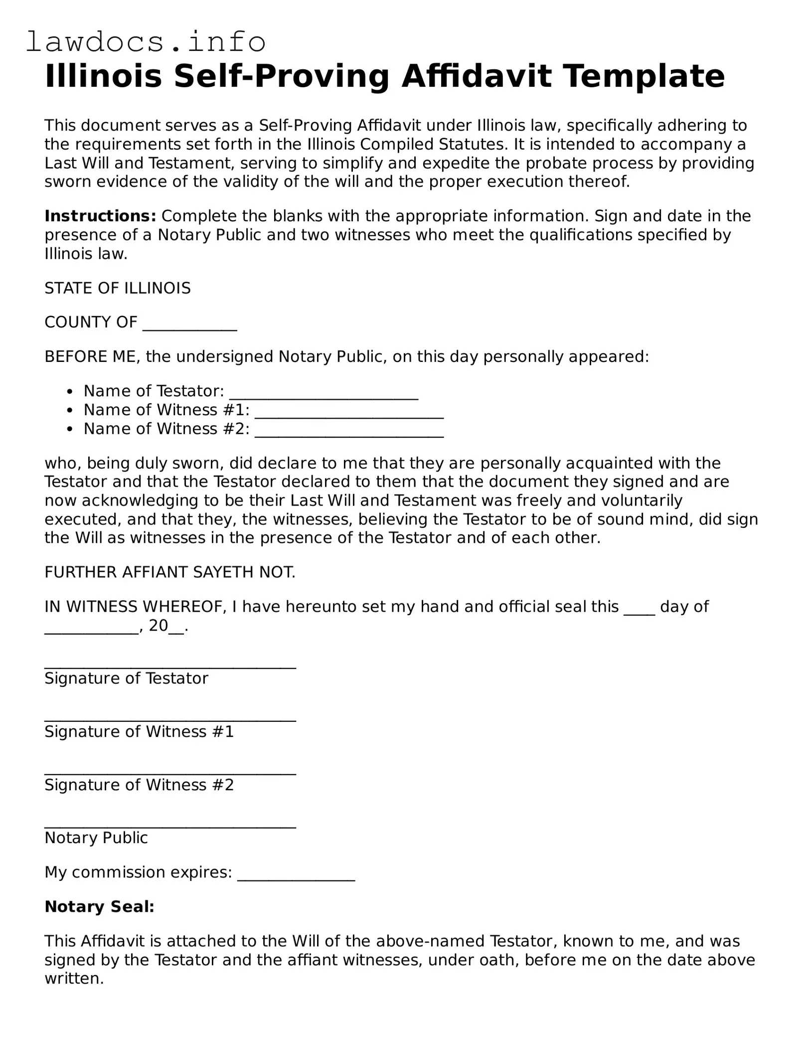 Blank Self-Proving Affidavit Template for the State of Illinois