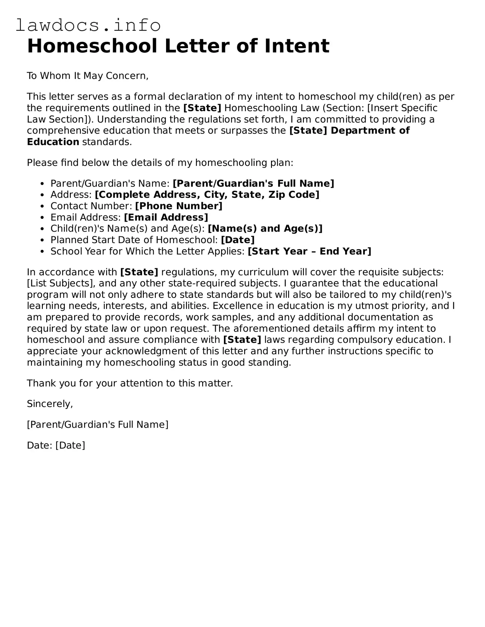 Valid Homeschool Letter of Intent Form