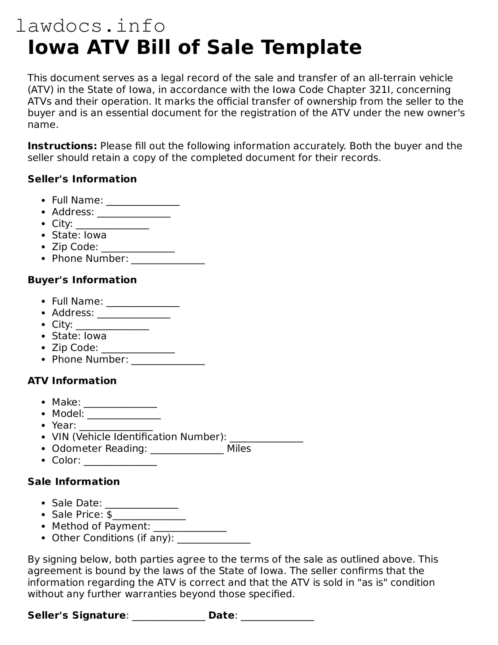 Blank ATV Bill of Sale Template for the State of Iowa