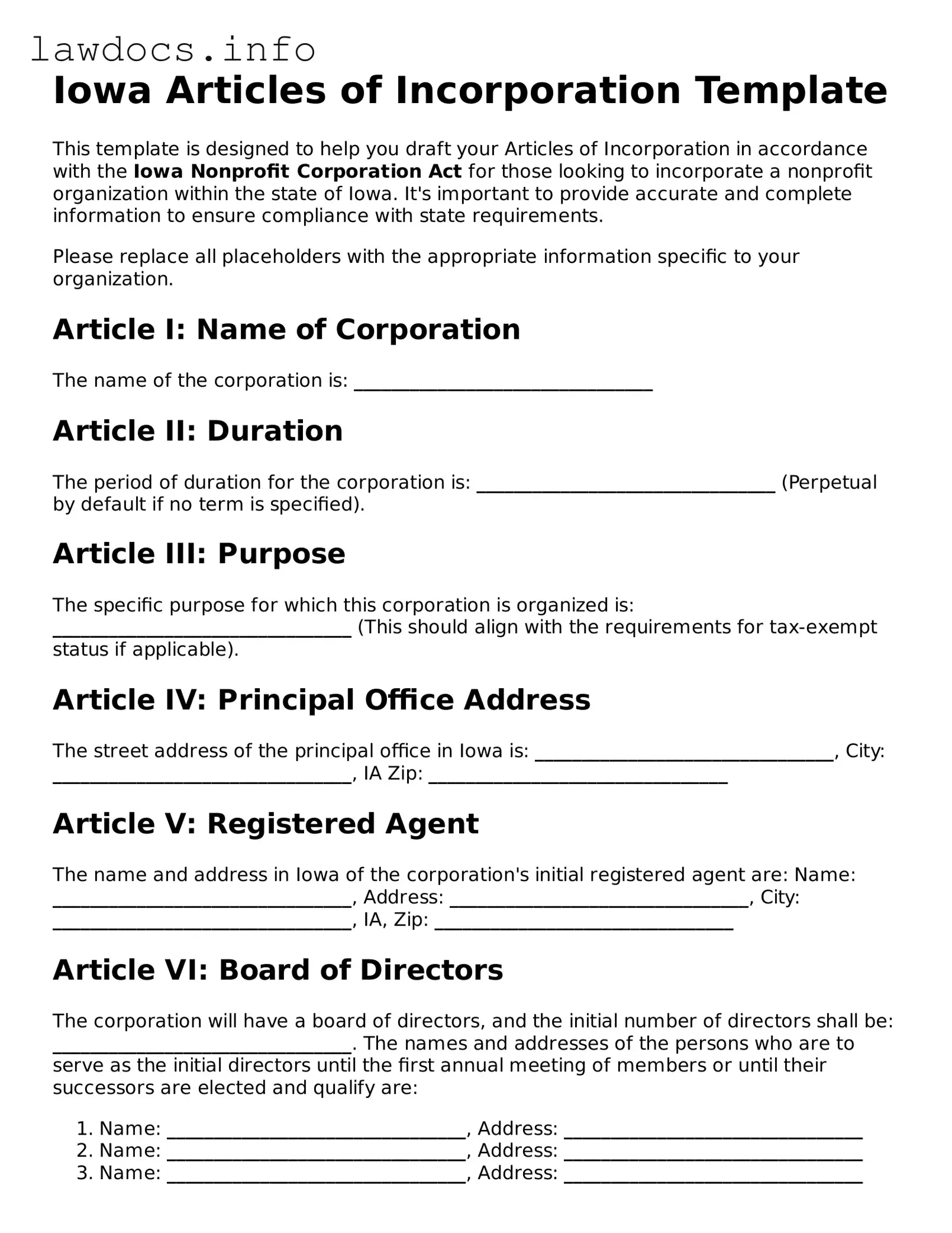 Blank Articles of Incorporation Template for the State of Iowa