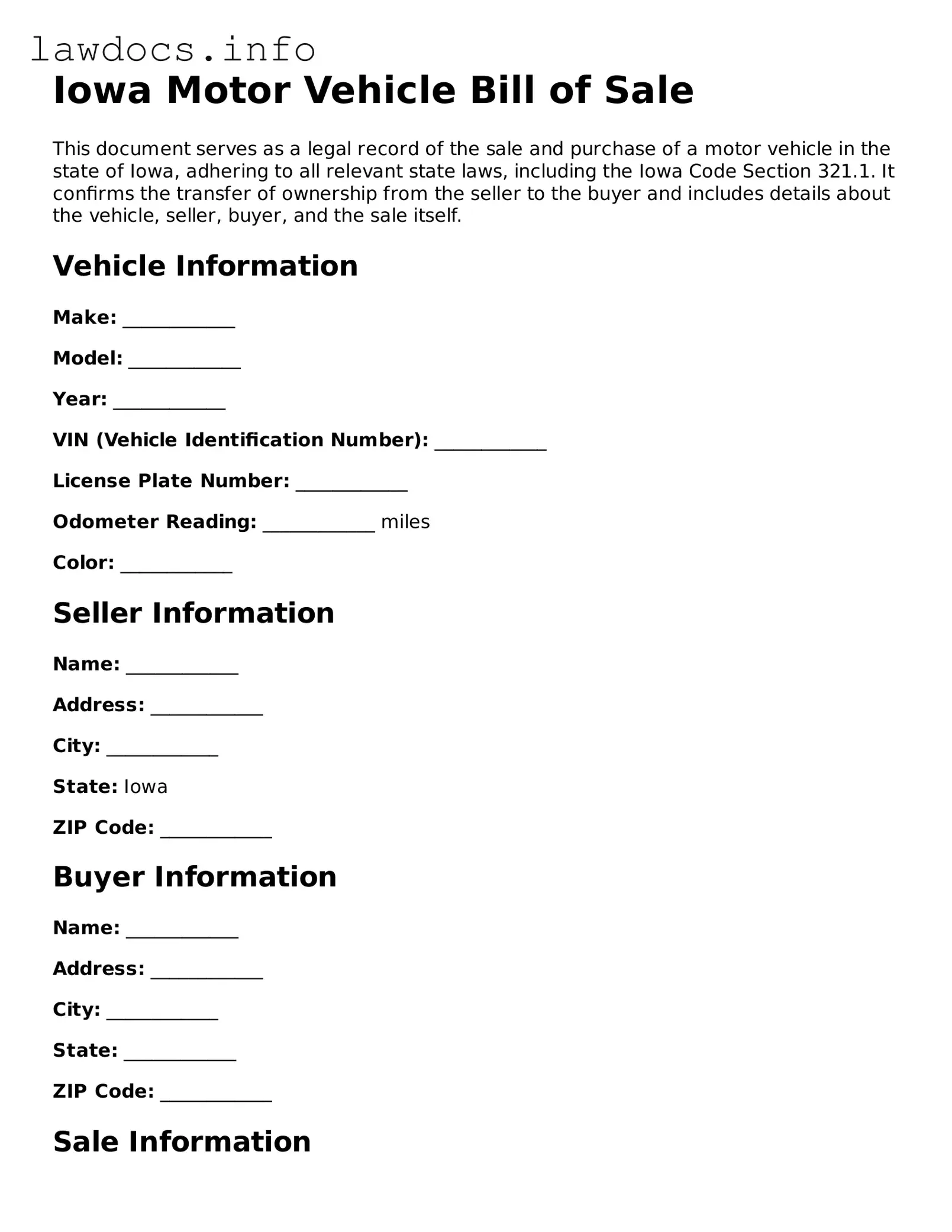 Blank Motor Vehicle Bill of Sale Template for the State of Iowa