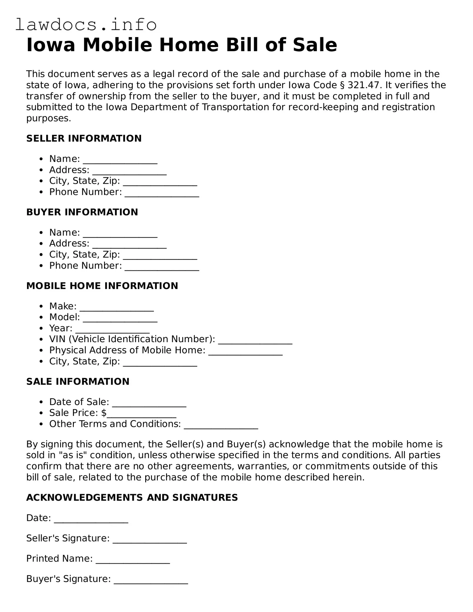 Blank Mobile Home Bill of Sale Template for the State of Iowa