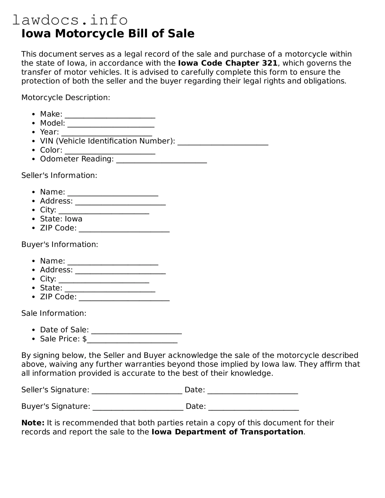 Blank Motorcycle Bill of Sale Template for the State of Iowa