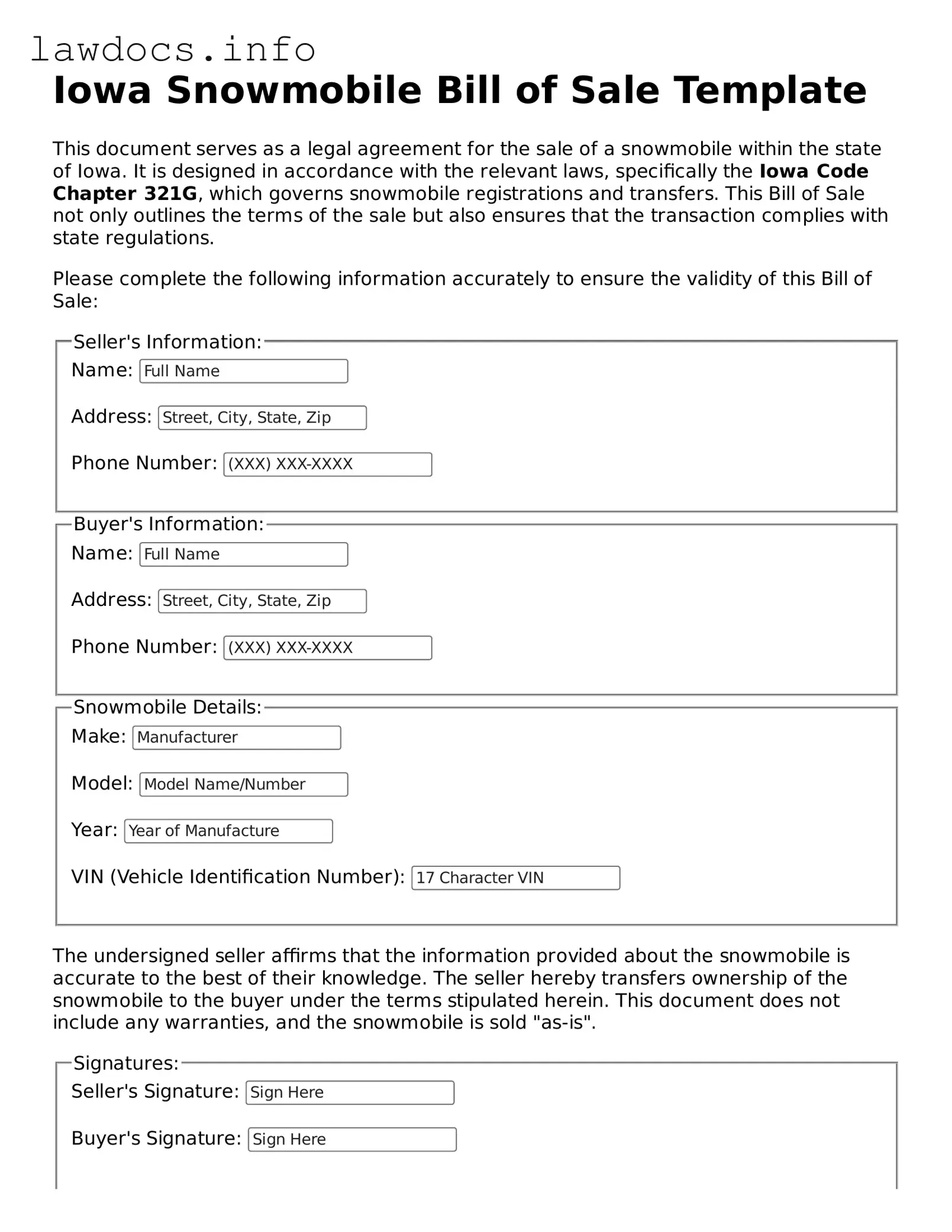 Blank Snowmobile Bill of Sale Template for the State of Iowa