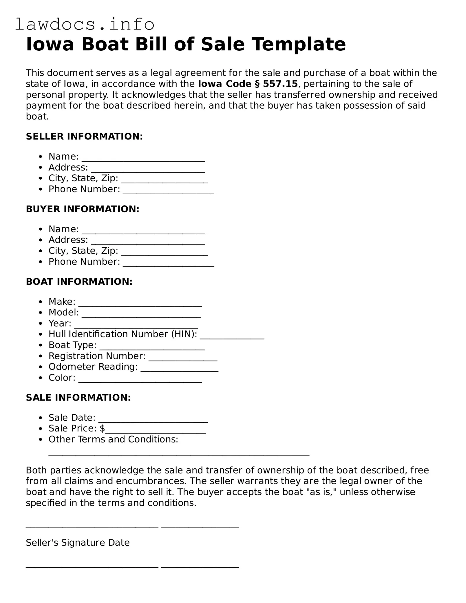 Blank Boat Bill of Sale Template for the State of Iowa