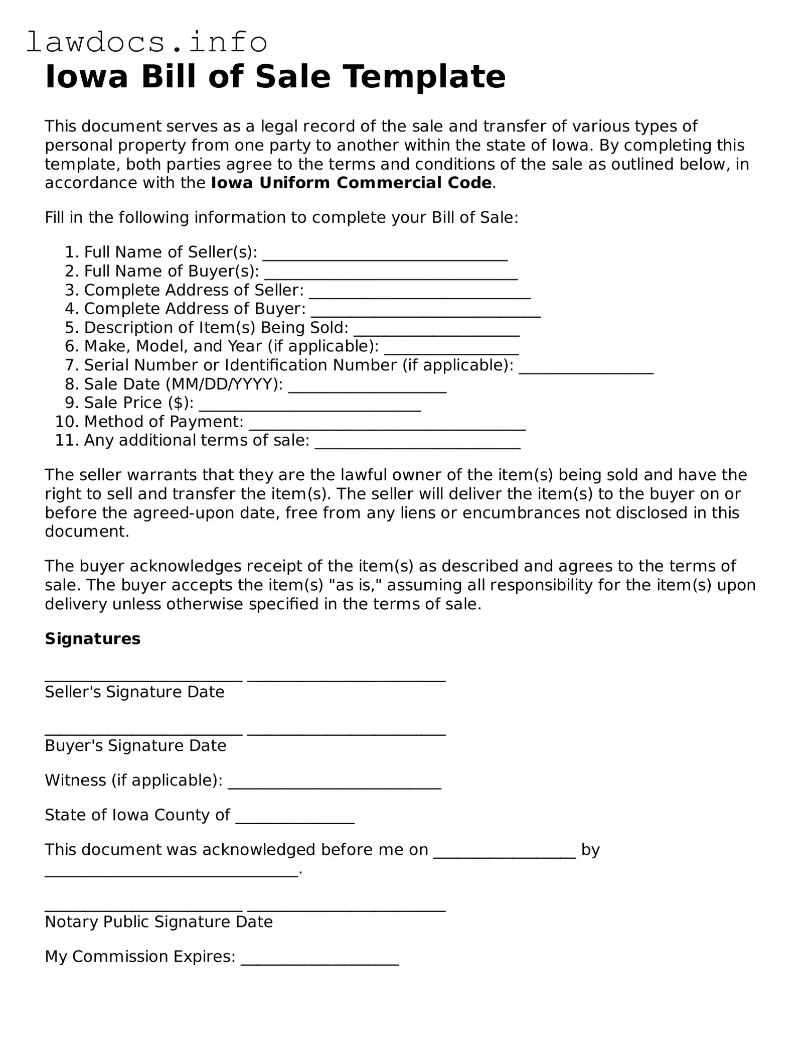 Blank Bill of Sale Template for the State of Iowa