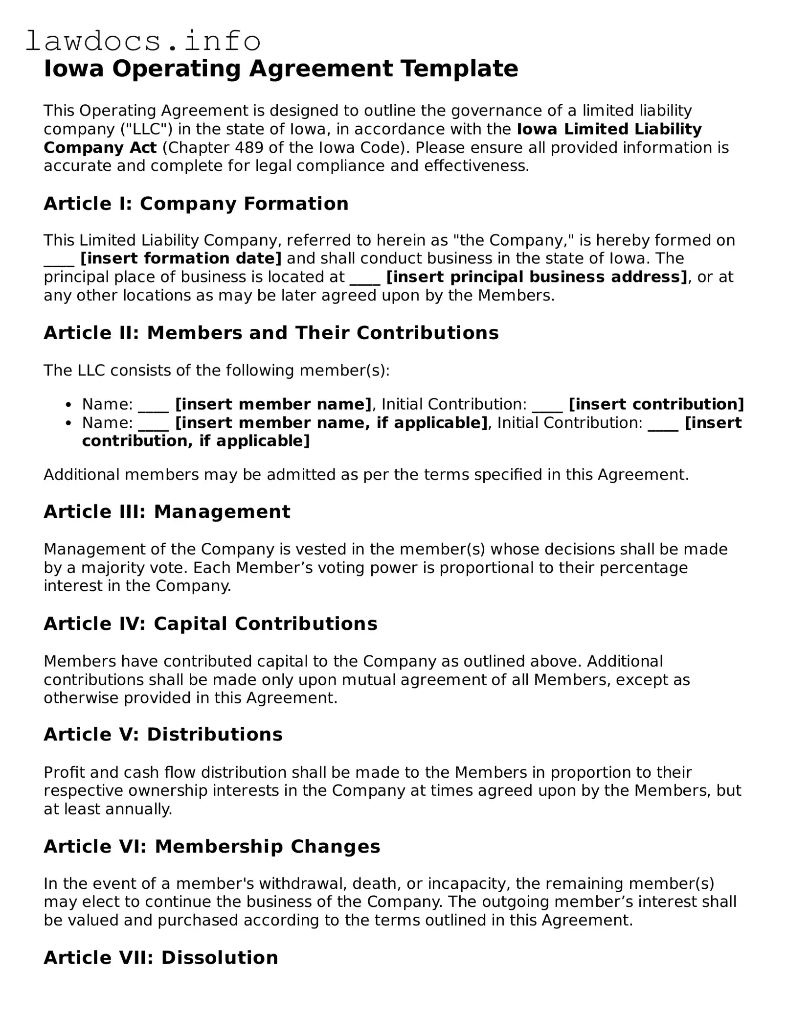 Blank Operating Agreement Template for the State of Iowa