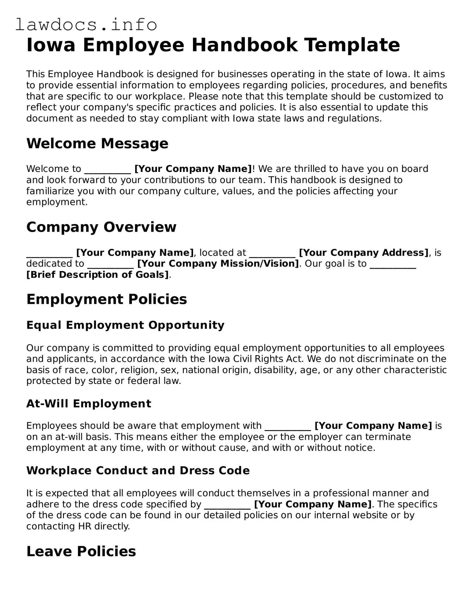 Blank Employee Handbook Template for the State of Iowa