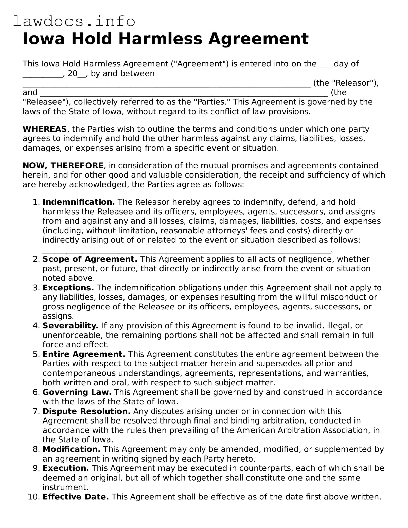 Blank Hold Harmless Agreement Template for the State of Iowa