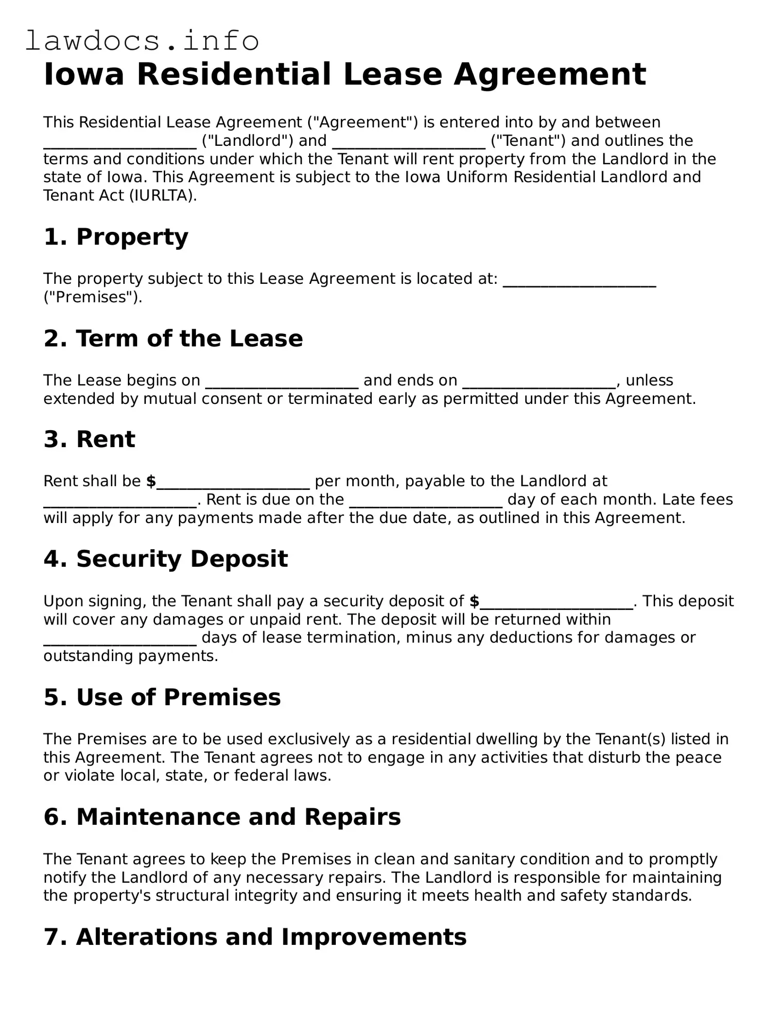 Blank Residential Lease Agreement Template for the State of Iowa
