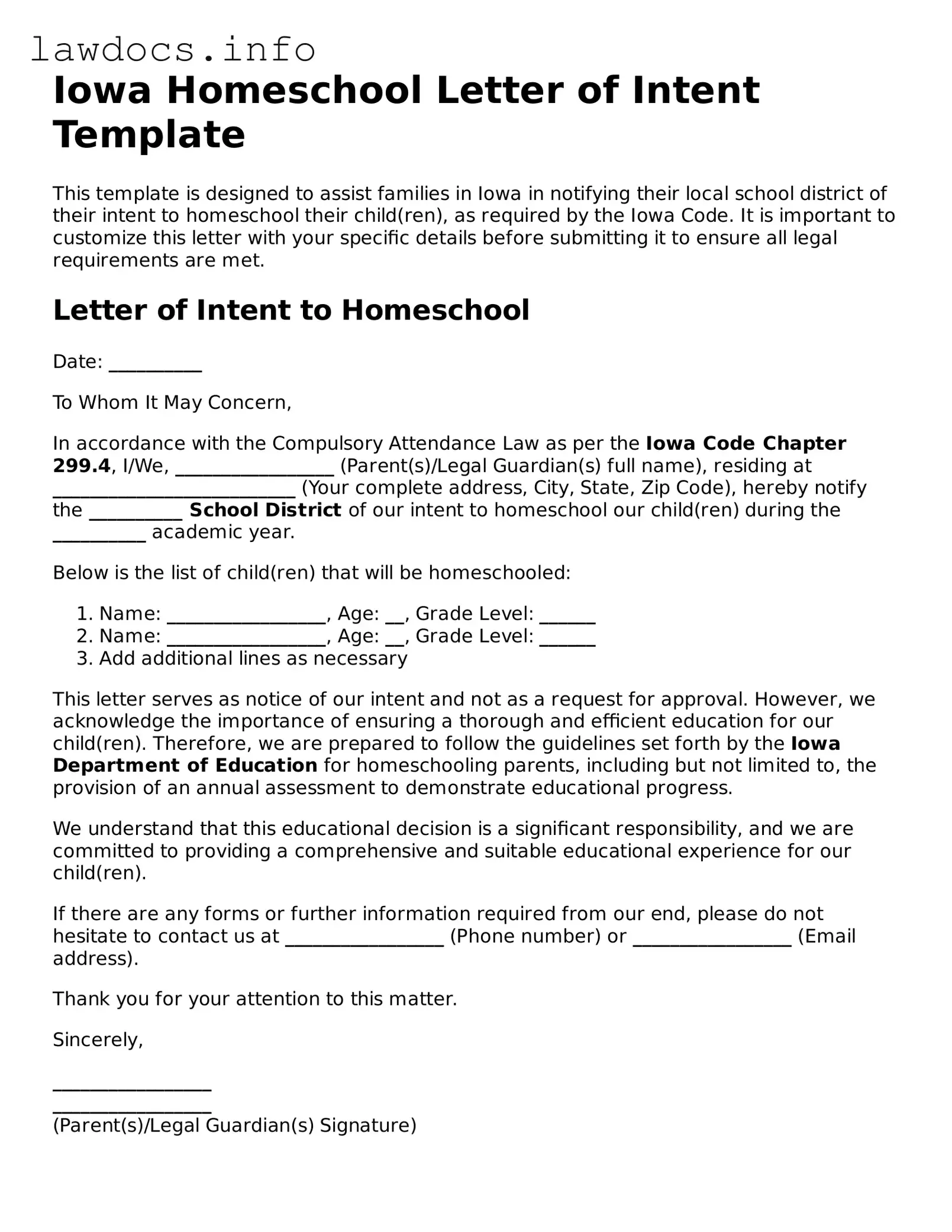 Blank Homeschool Letter of Intent Template for the State of Iowa