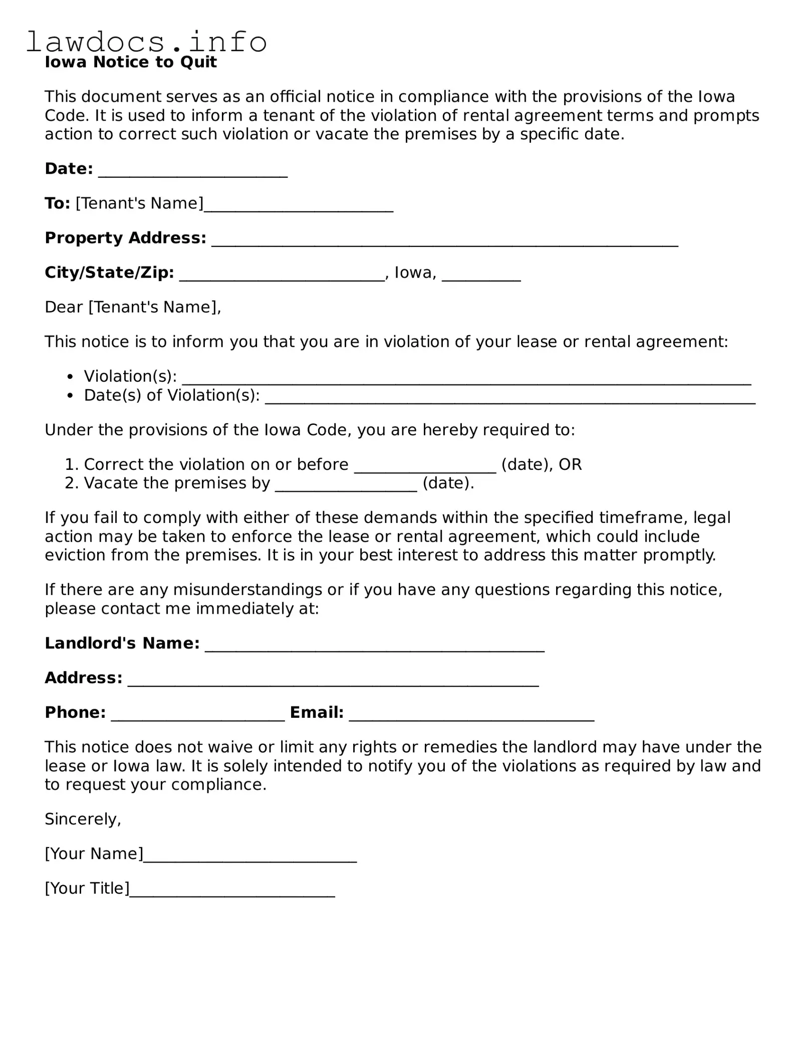 Blank Notice to Quit Template for the State of Iowa