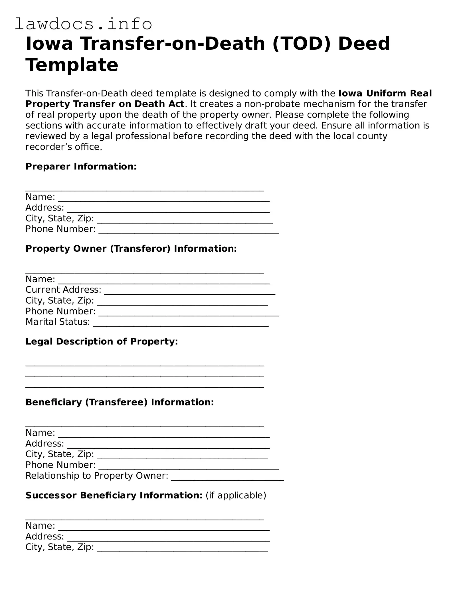 Blank Transfer-on-Death Deed Template for the State of Iowa