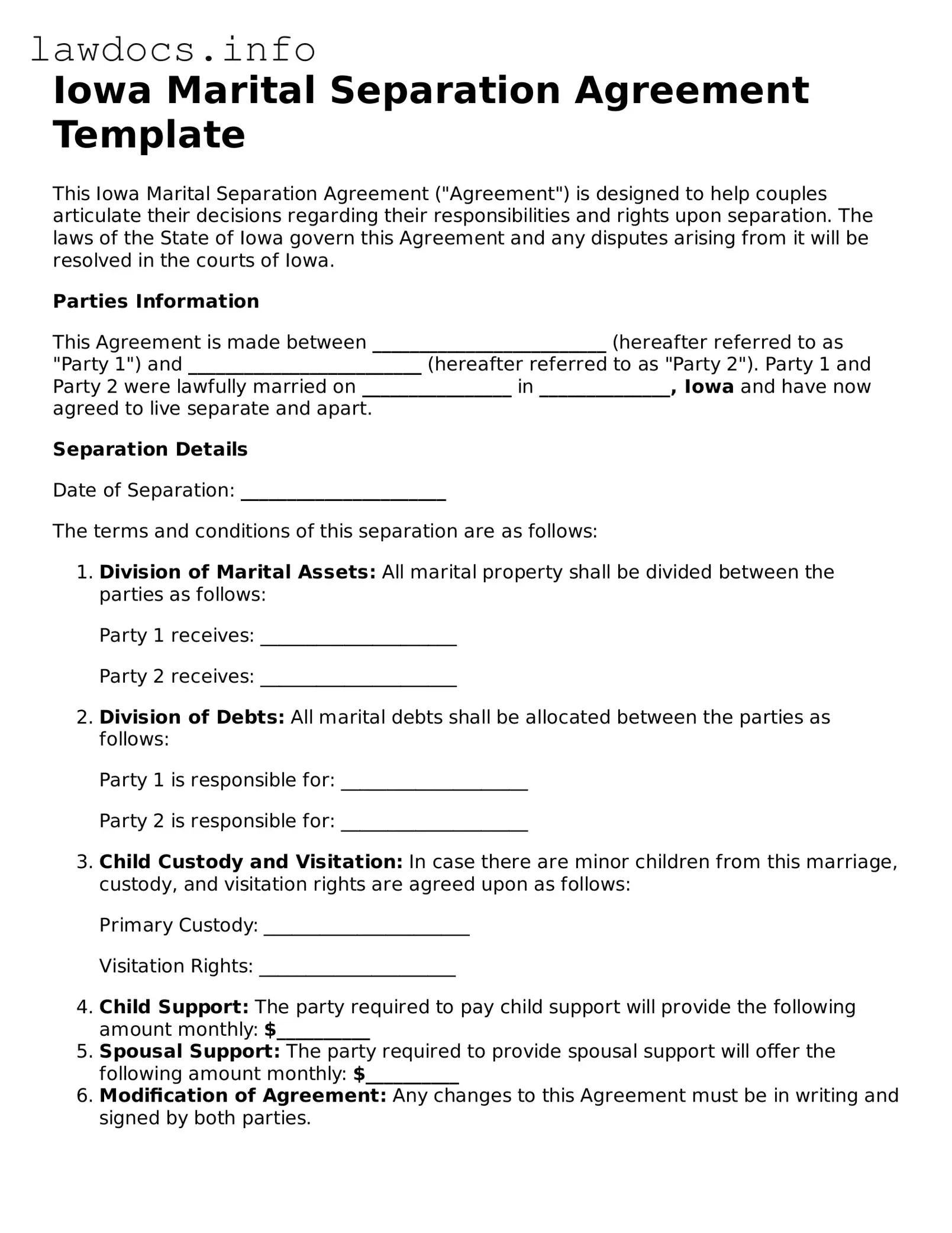 Blank Marital Separation Agreement Template for the State of Iowa