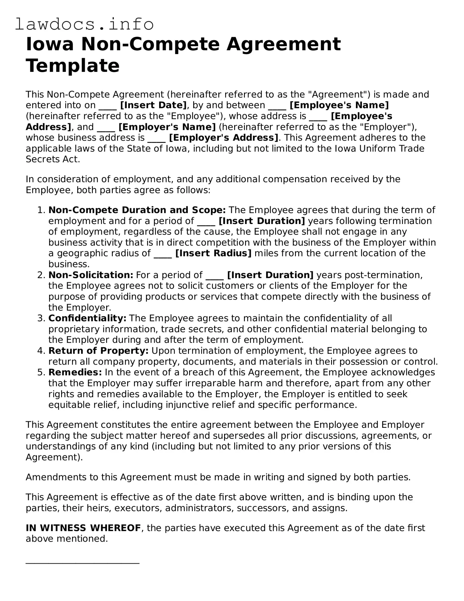 Blank Non-compete Agreement Template for the State of Iowa